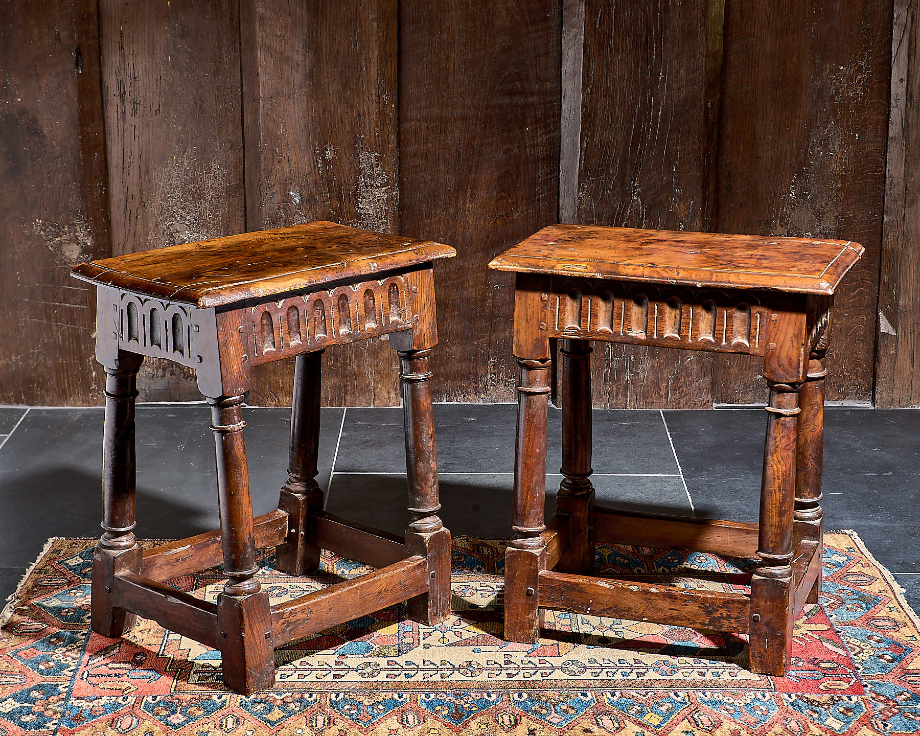 Pair of Charles I Yew wood stools
