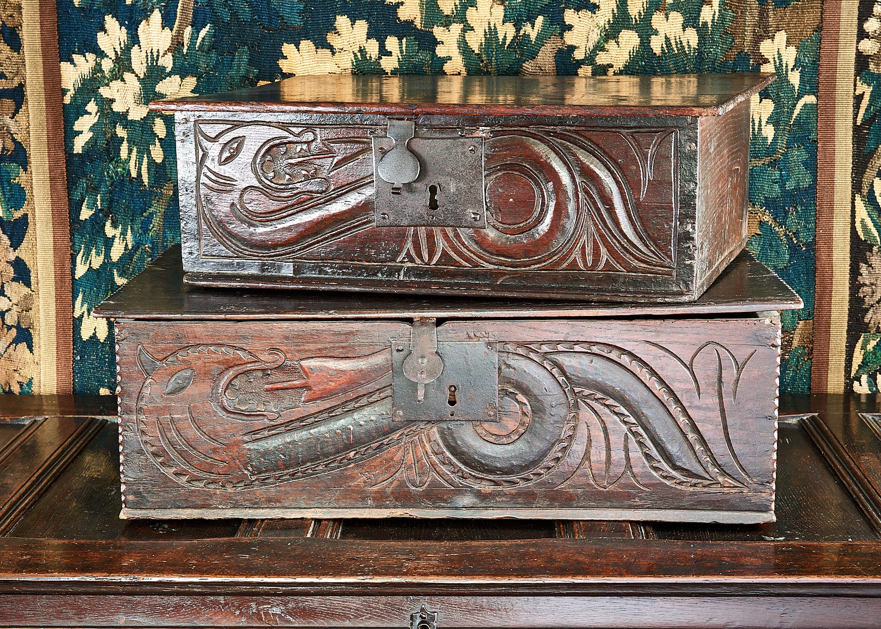 Matched Pair of Charles II Carved Oak Boxes with Serpent Motifs
