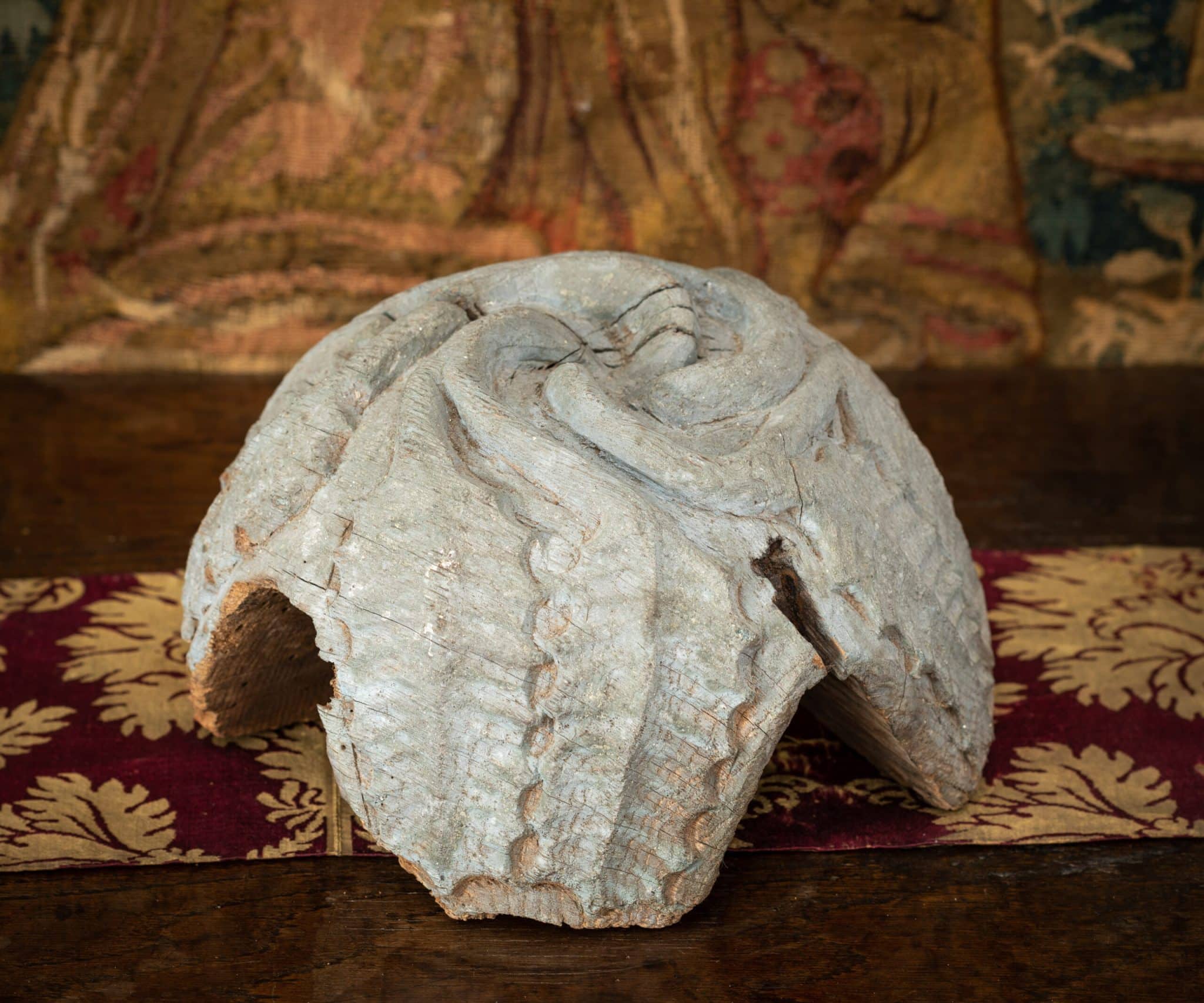 Medieval English Carved Oak Roof Boss with Traces of Original Polychromy