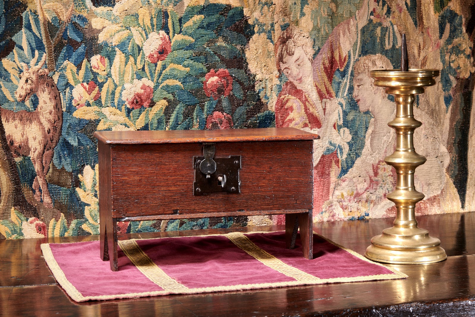Tiny Charles II oak boarded chest