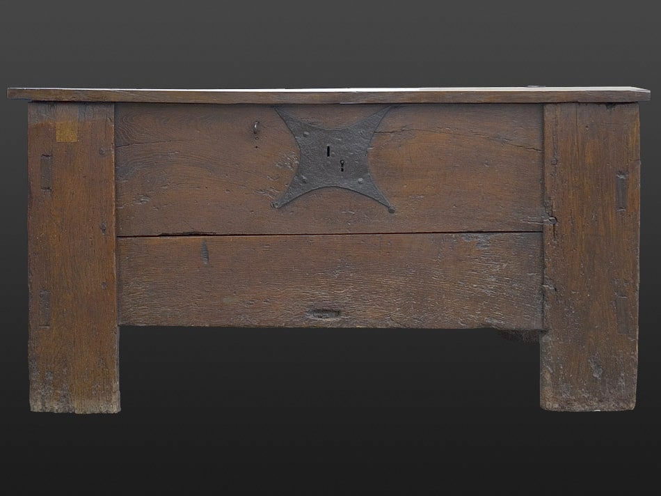 14th century oak clamp front chest