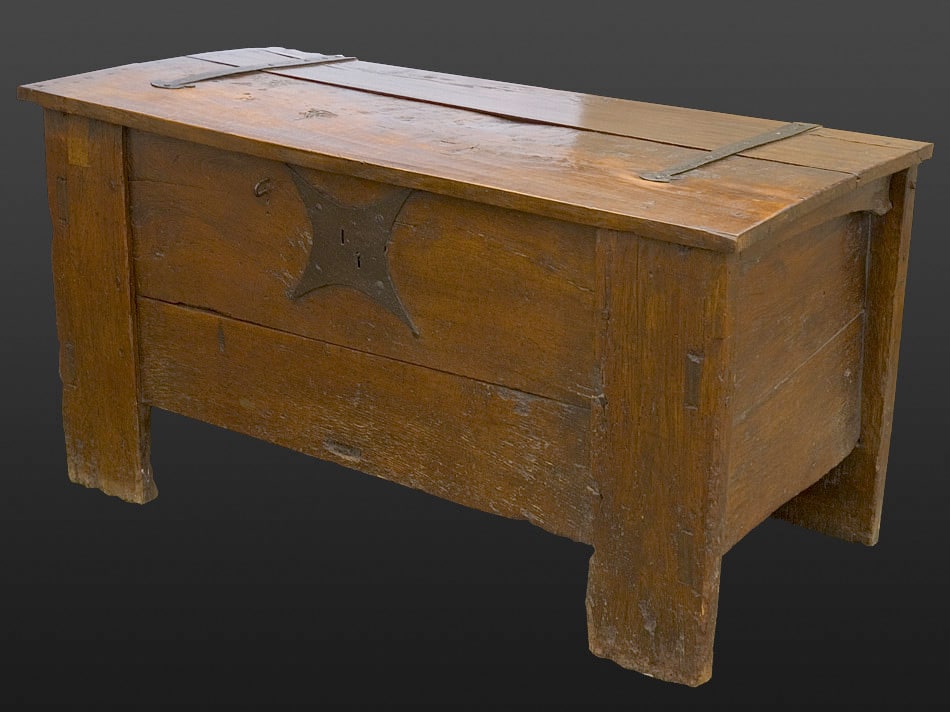 14th century oak clamp front chest
