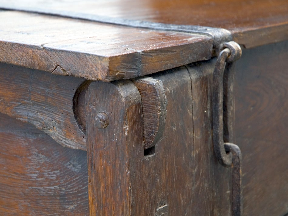 14th century oak clamp front chest