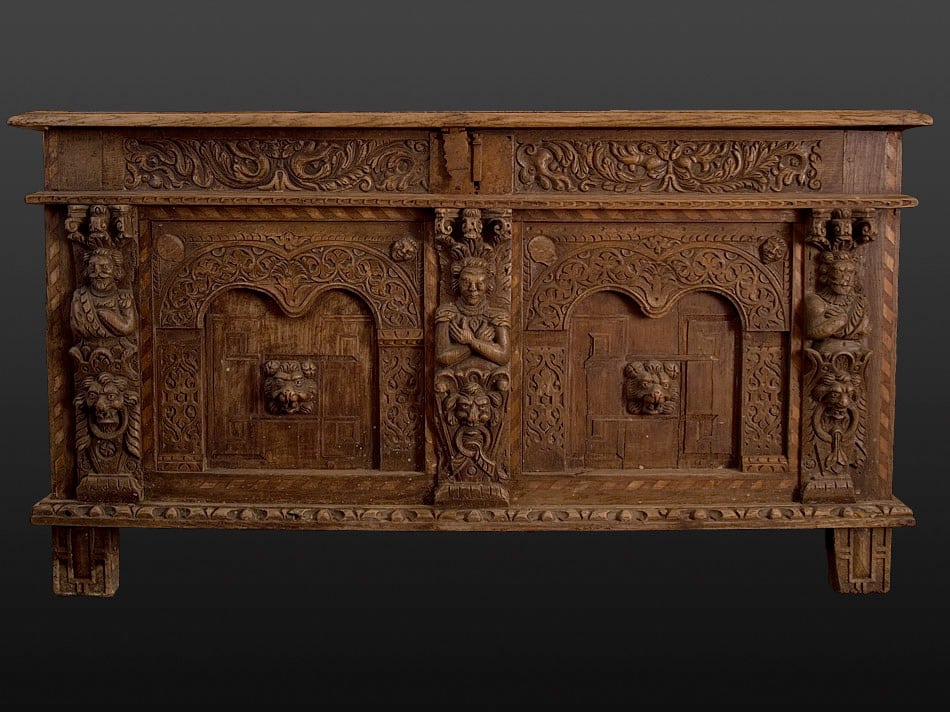 Elizabeth I oak carved and inlaid chest