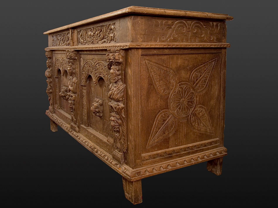 Elizabeth I oak carved and inlaid chest