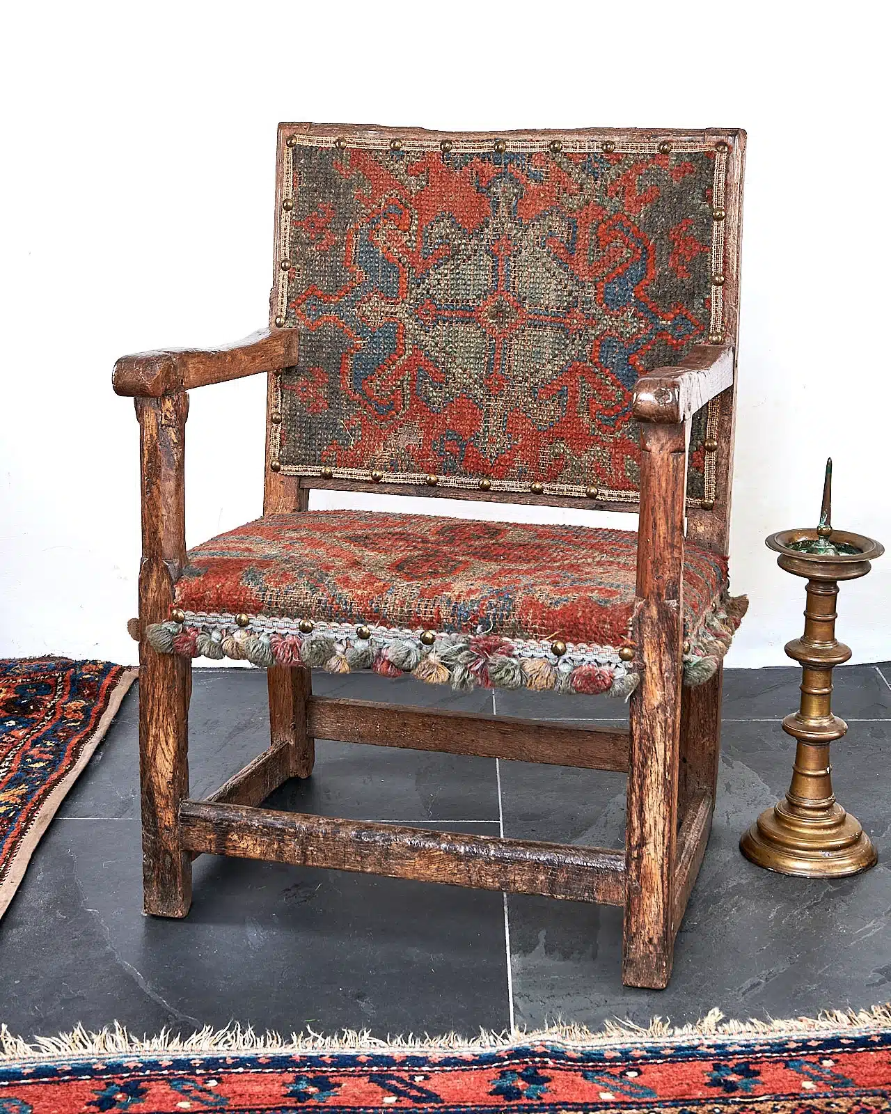 Elizabeth I oak upholstered armchair