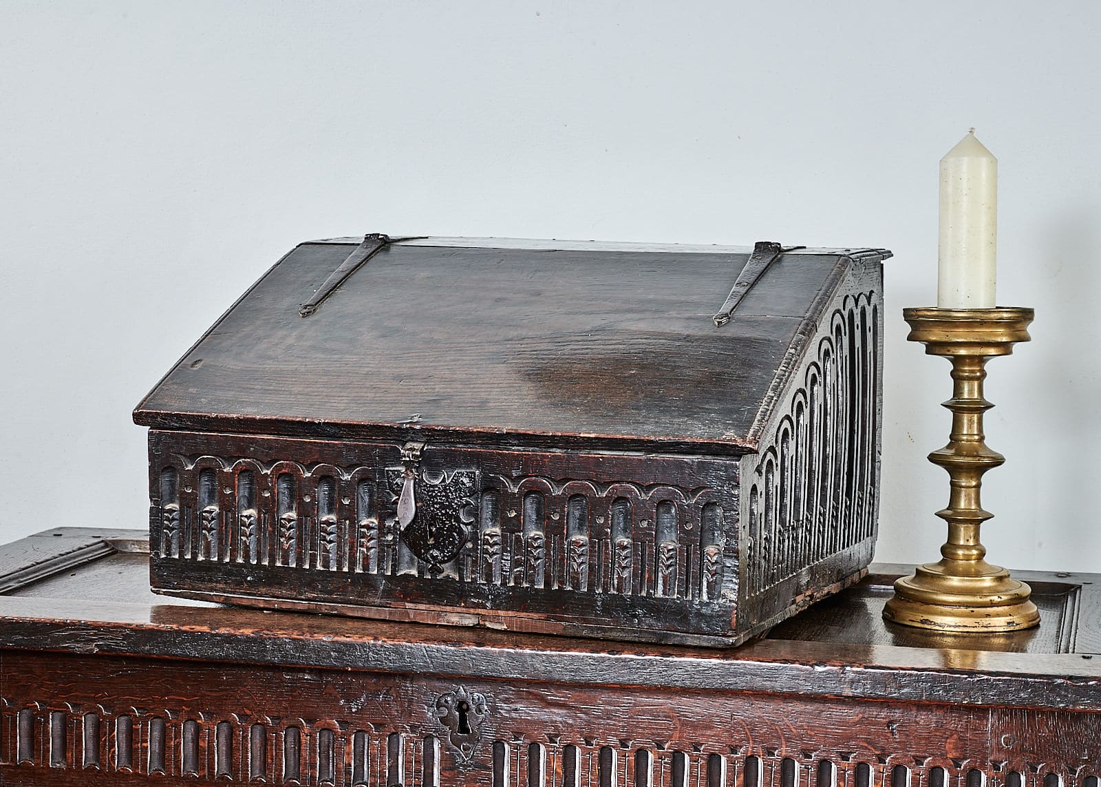 James I oak carved desk box