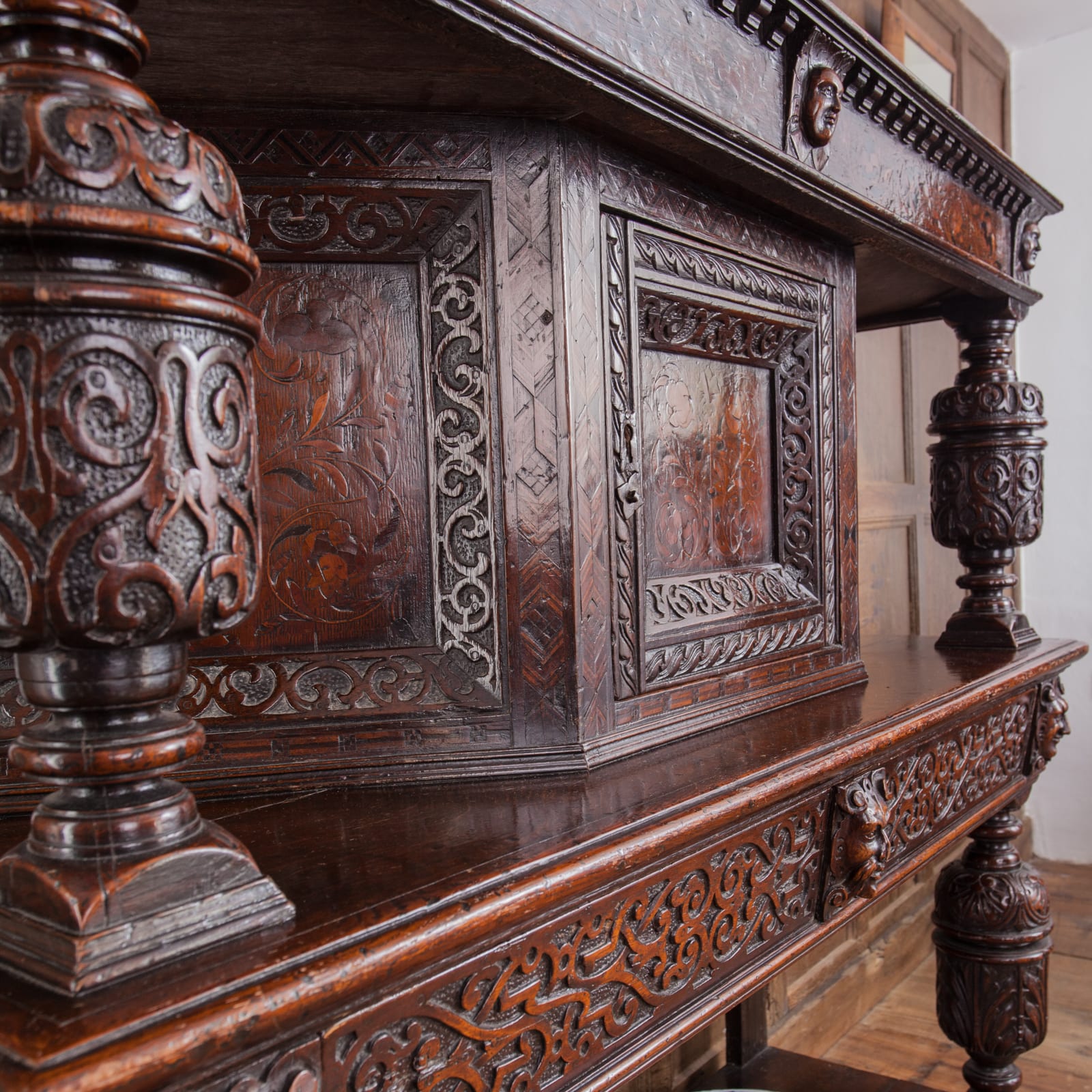 Elizabeth I inlaid canted court cupboard