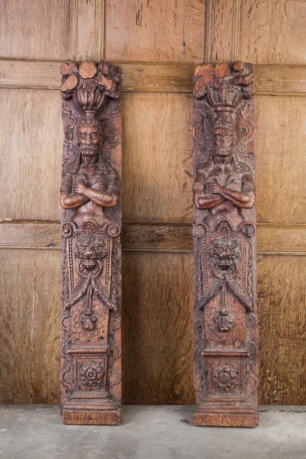 Elizabeth I pair of oak Atlantes figures