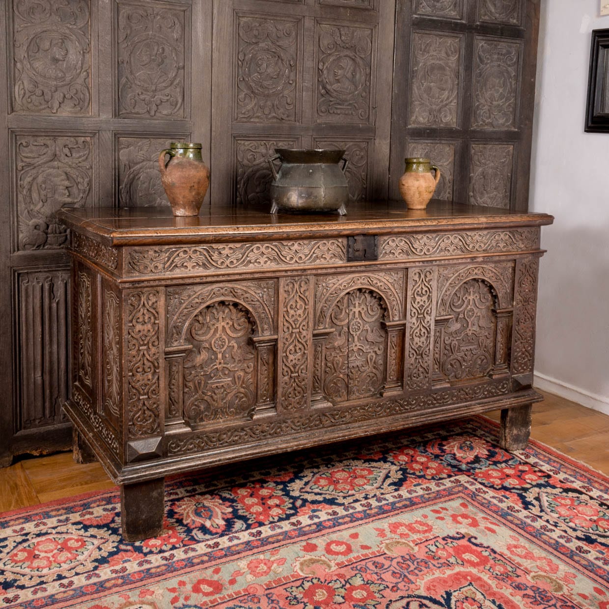 Elizabeth I oak carved chest