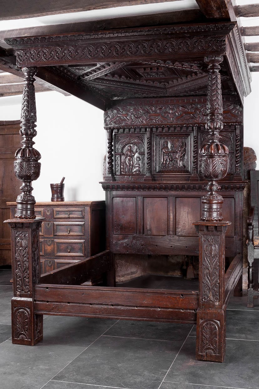 James I oak carved tester bed