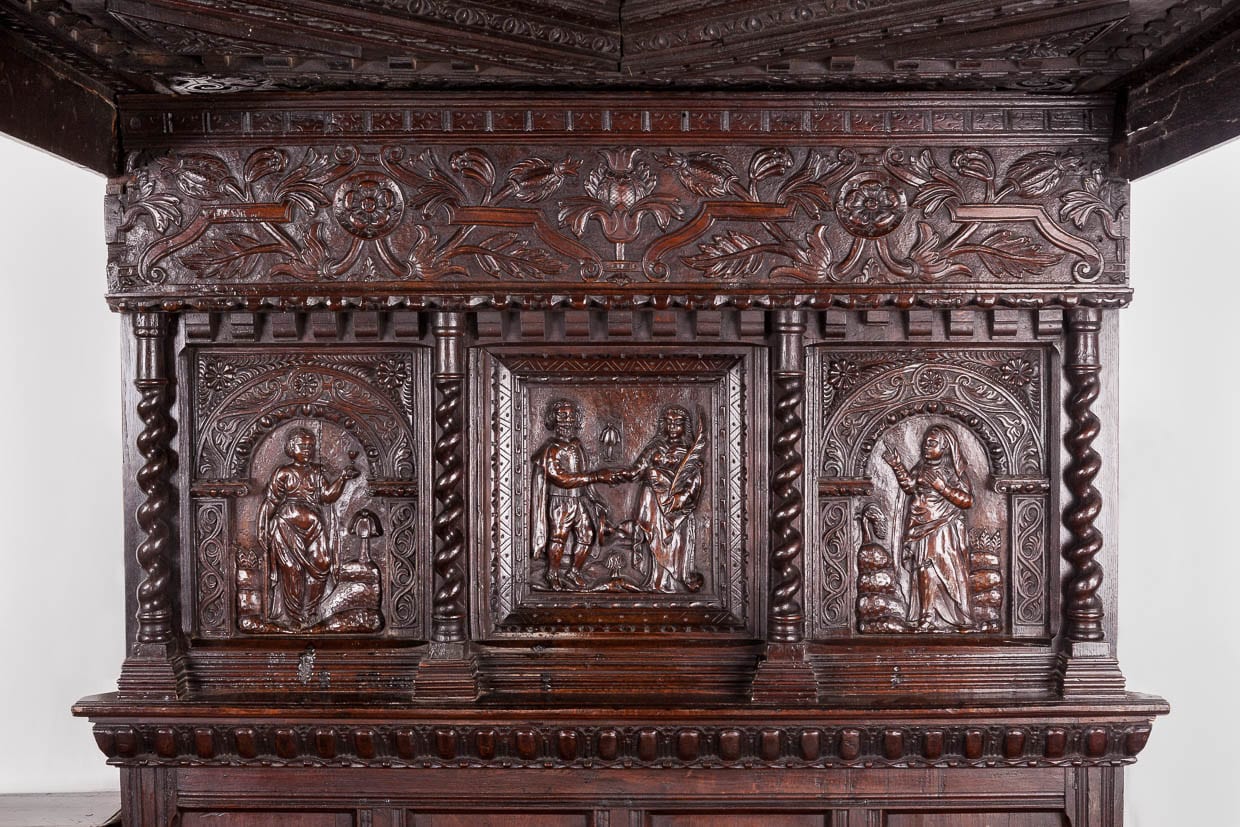James I oak carved tester bed
