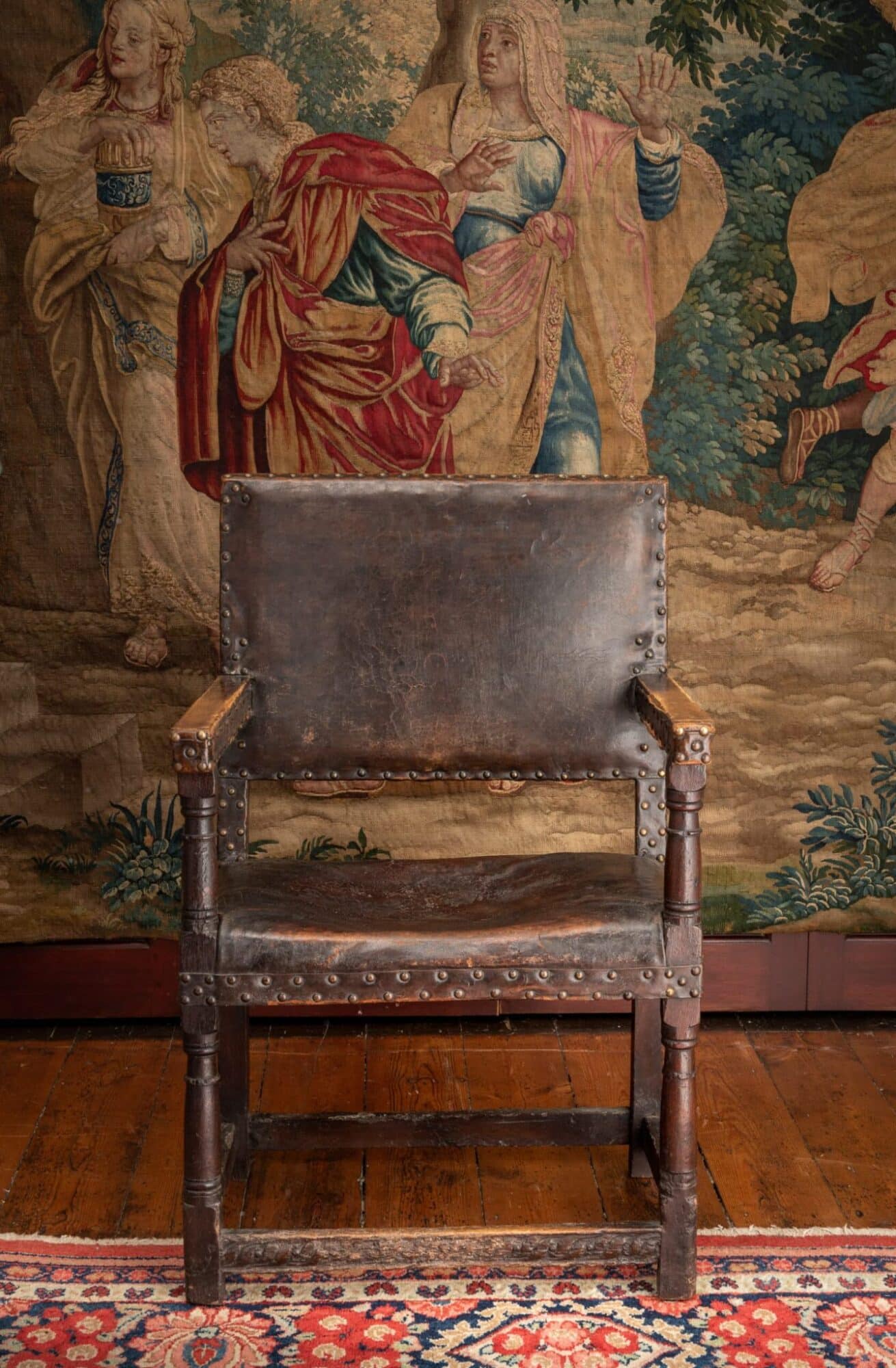 James I / Charles I Oak and Leather-Covered Armchair