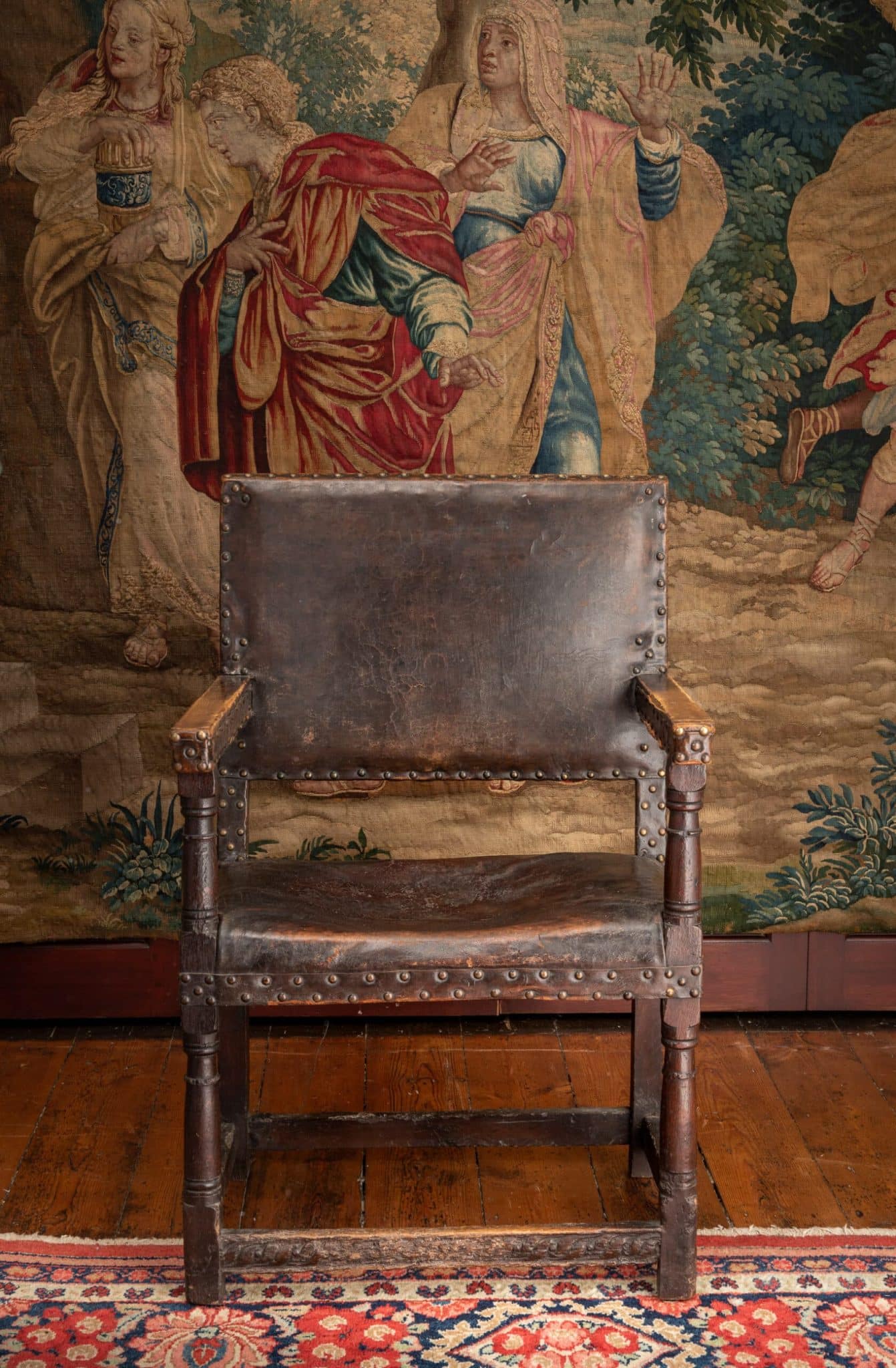 James I / Charles I Oak and Leather-Covered Armchair