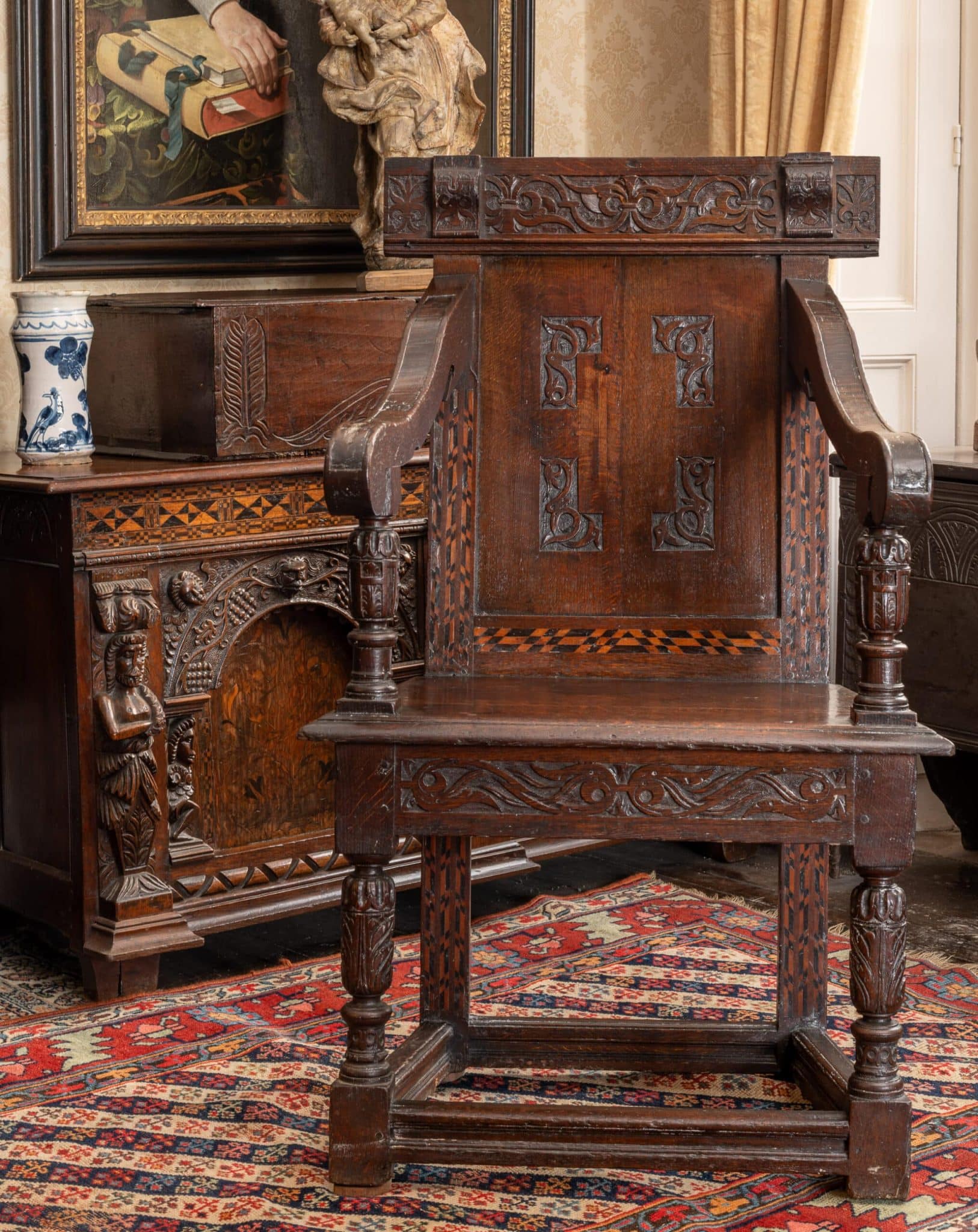 Elizabeth I inlaid oak armchair