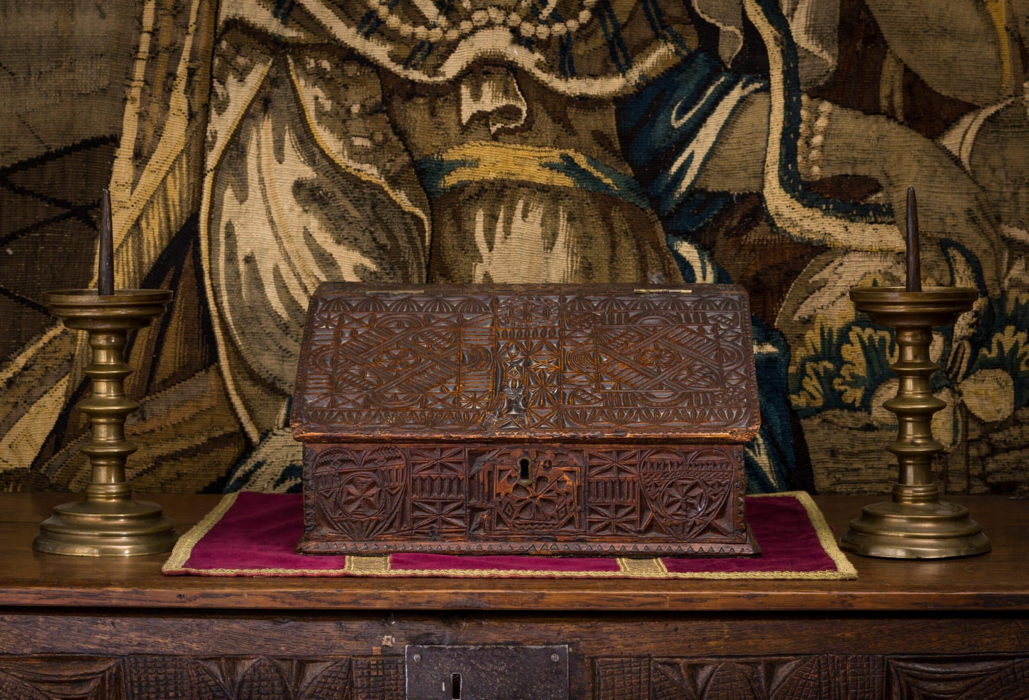 Charles I Chip-Carved Oak Boarded Box, Inscribed William Quick