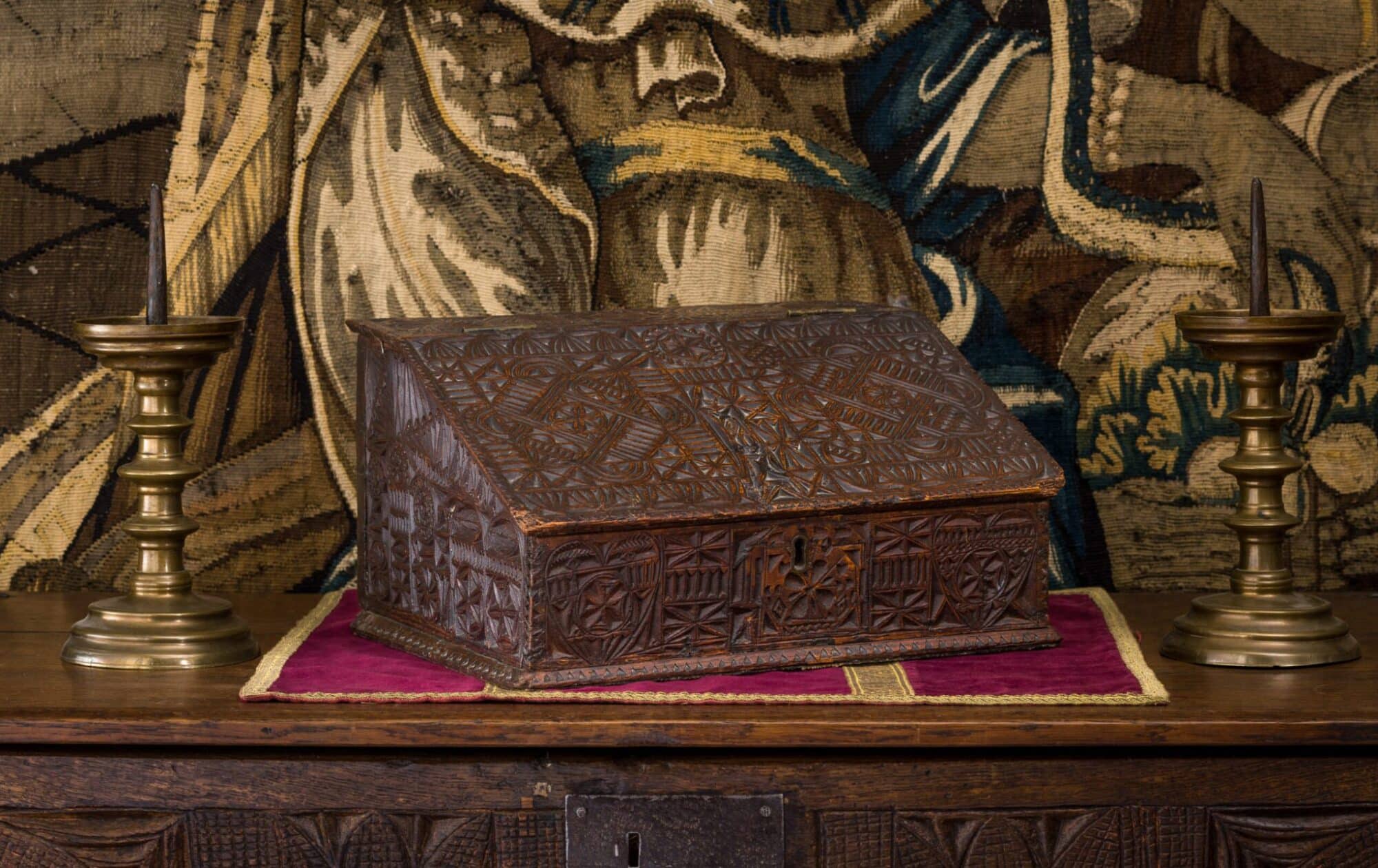Charles I Chip-Carved Oak Boarded Box, Inscribed William Quick