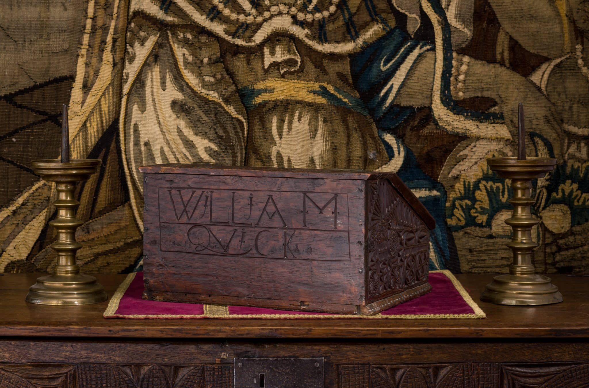 Charles I Chip-Carved Oak Boarded Box, Inscribed William Quick