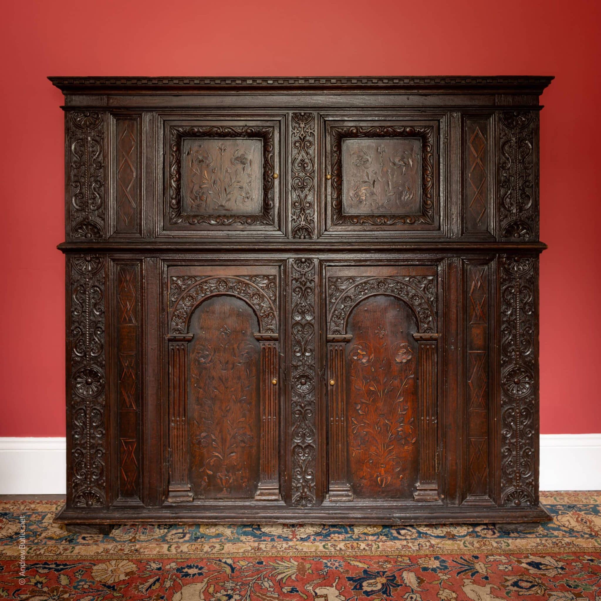 Elizabeth I oak carved and inlaid cupboard
