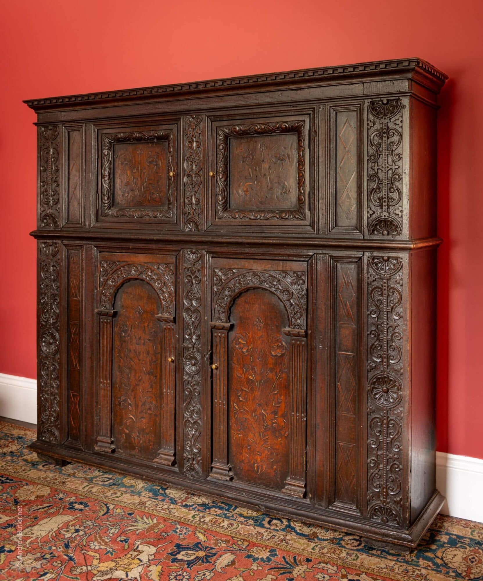 Elizabeth I oak carved and inlaid cupboard