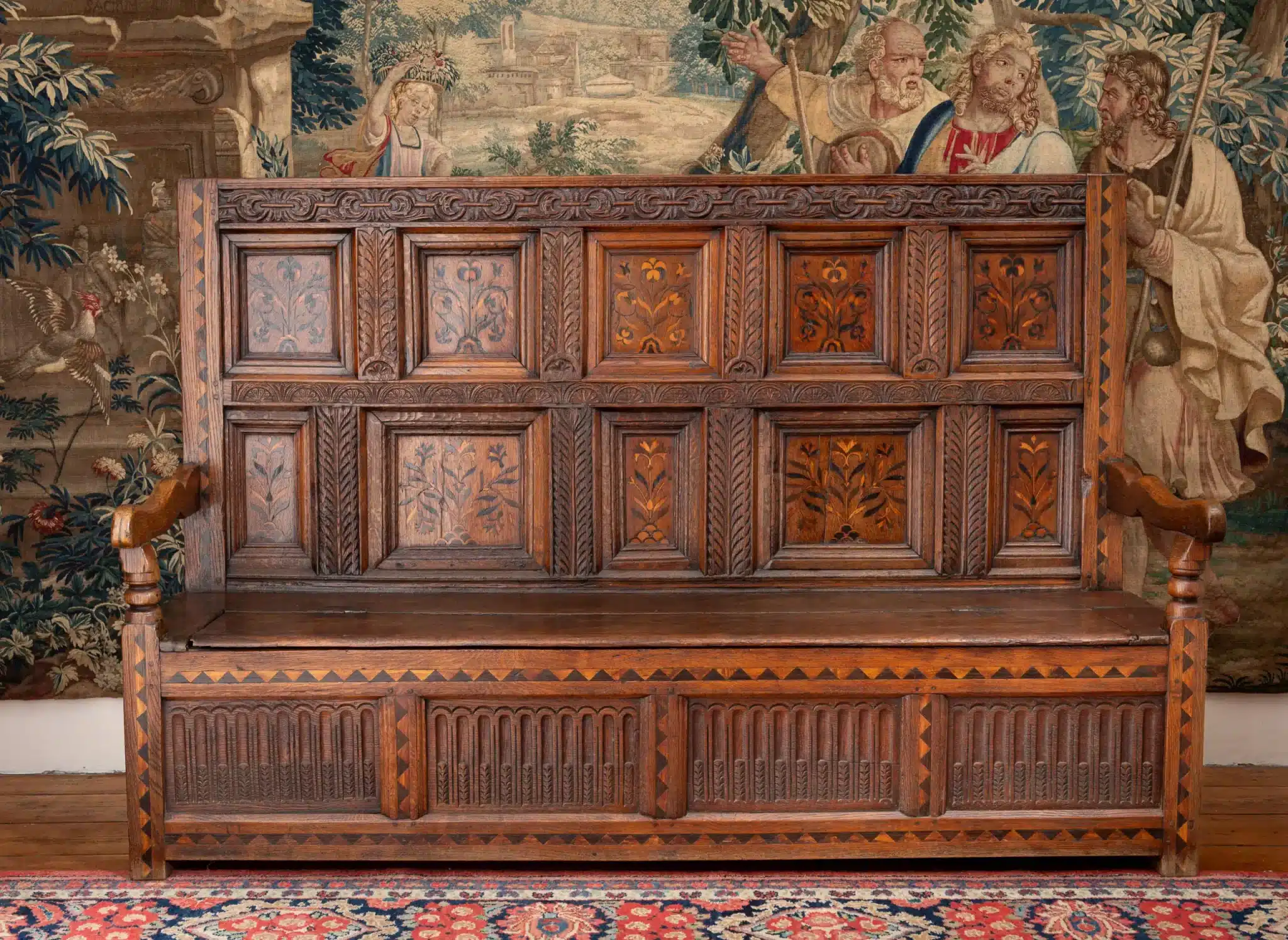 Charles I Joined Oak and Inlaid Settle