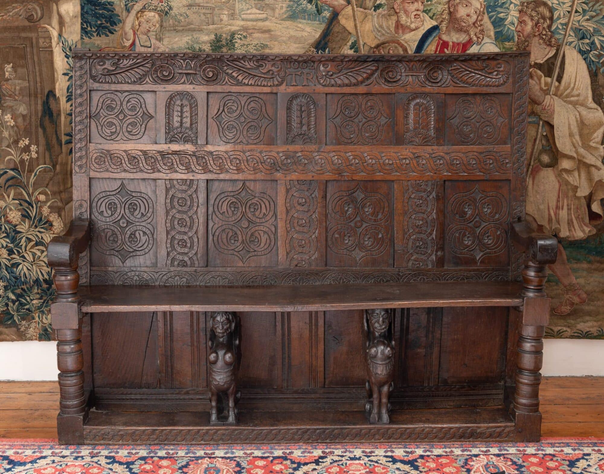 Exceptional Elizabethan Oak Settle, Later Inscribed 1662