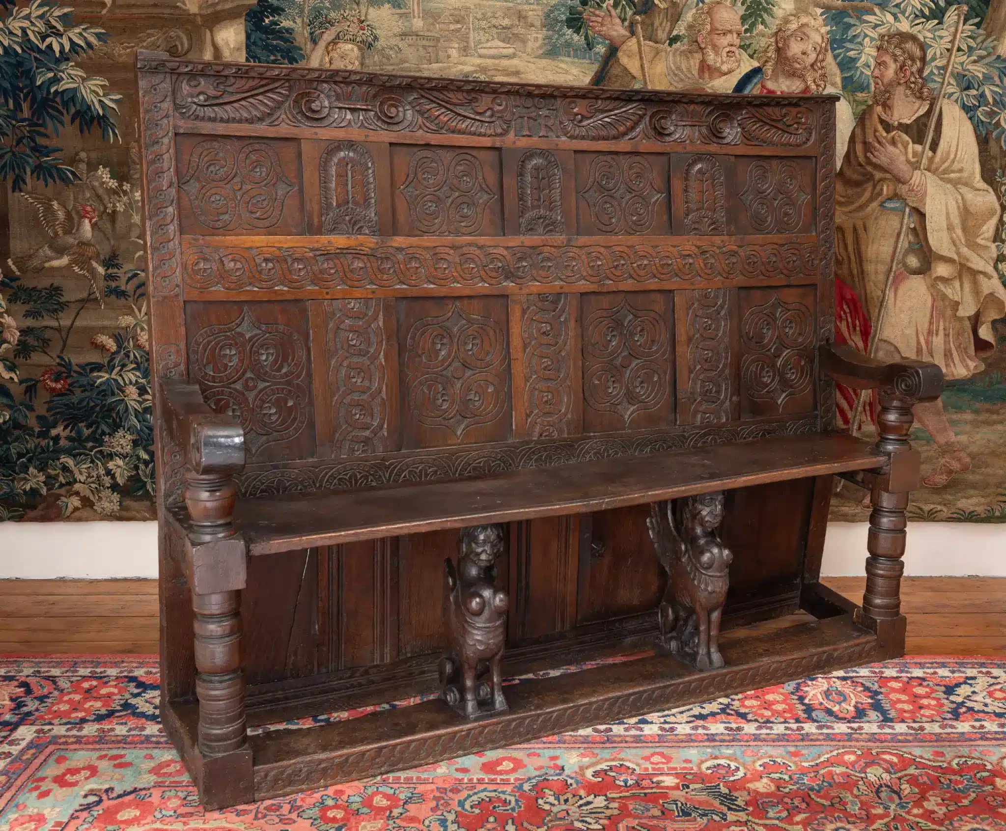 Exceptional Elizabethan Oak Settle, Later Inscribed 1662