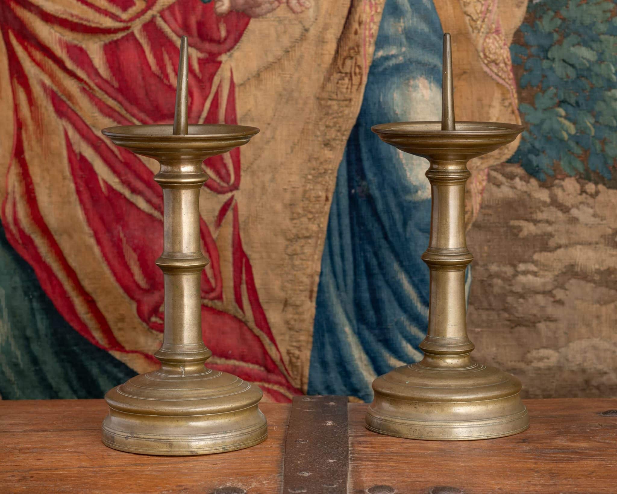 Late Gothic brass pricket candlesticks