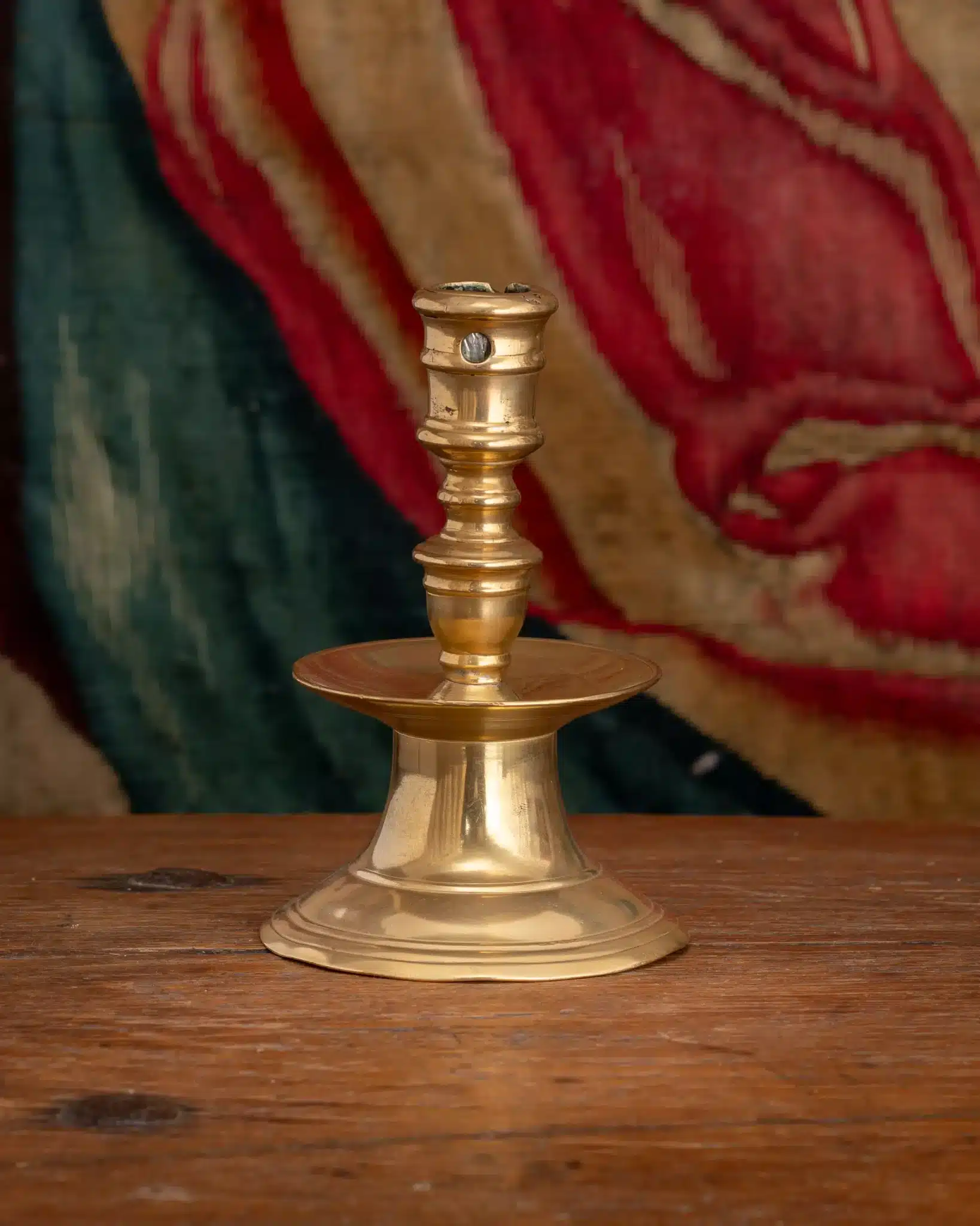Flemish Late Renaissance Brass Candlestick with Bell Drip Pan