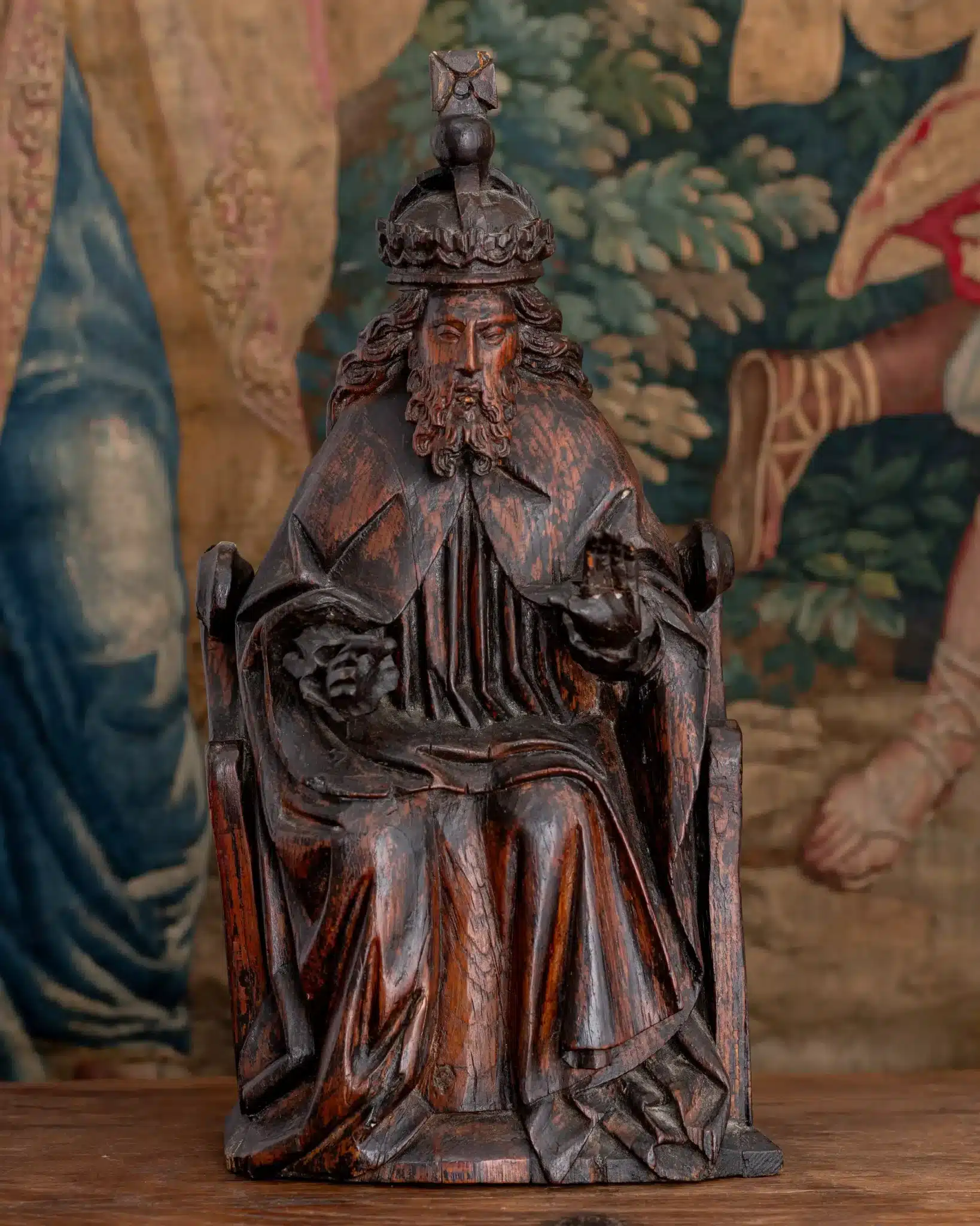 Late Gothic Oak Sculpture of Christ the King Enthroned (Salvator Mundi)