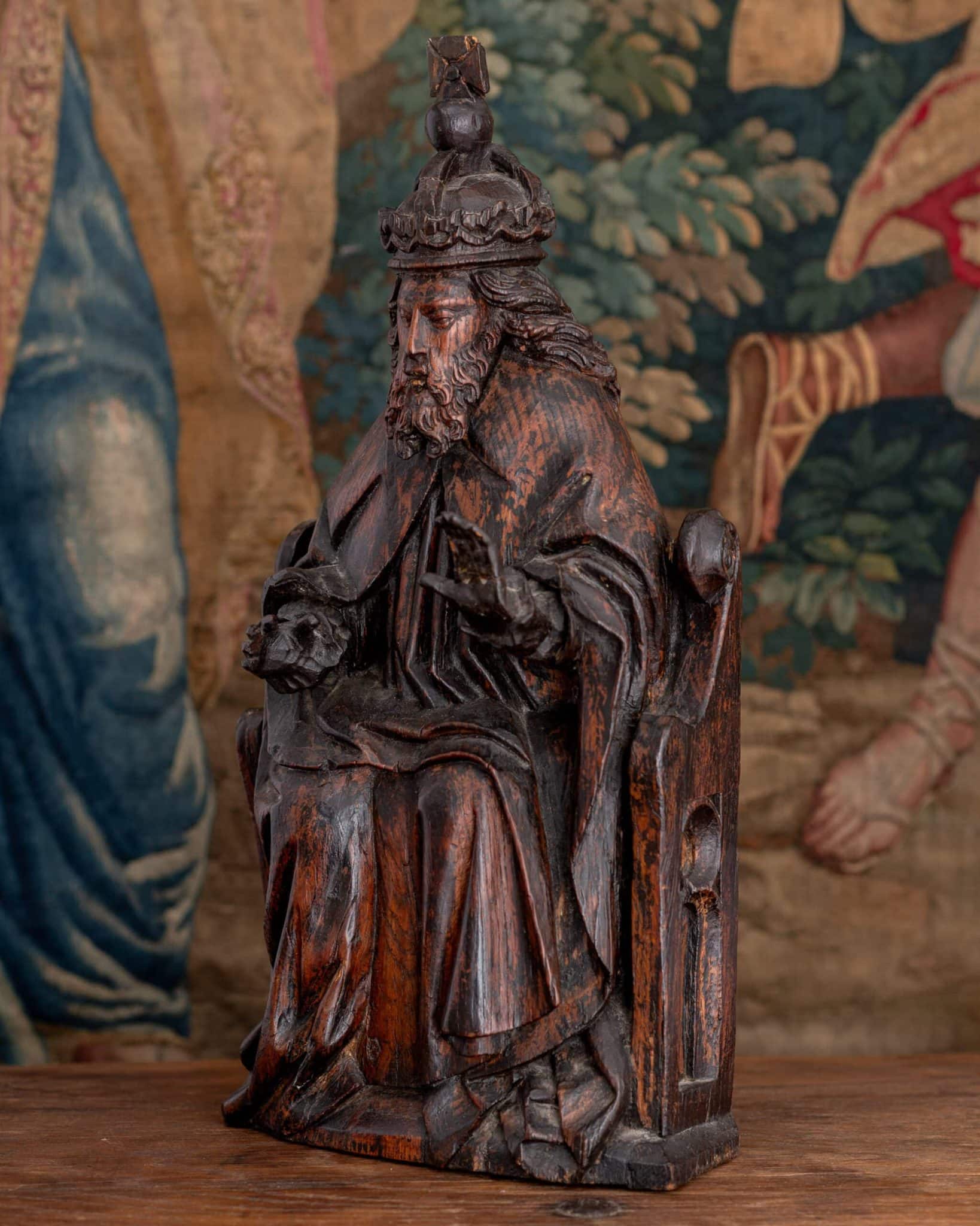 Late Gothic Oak Sculpture of Christ the King Enthroned (Salvator Mundi)