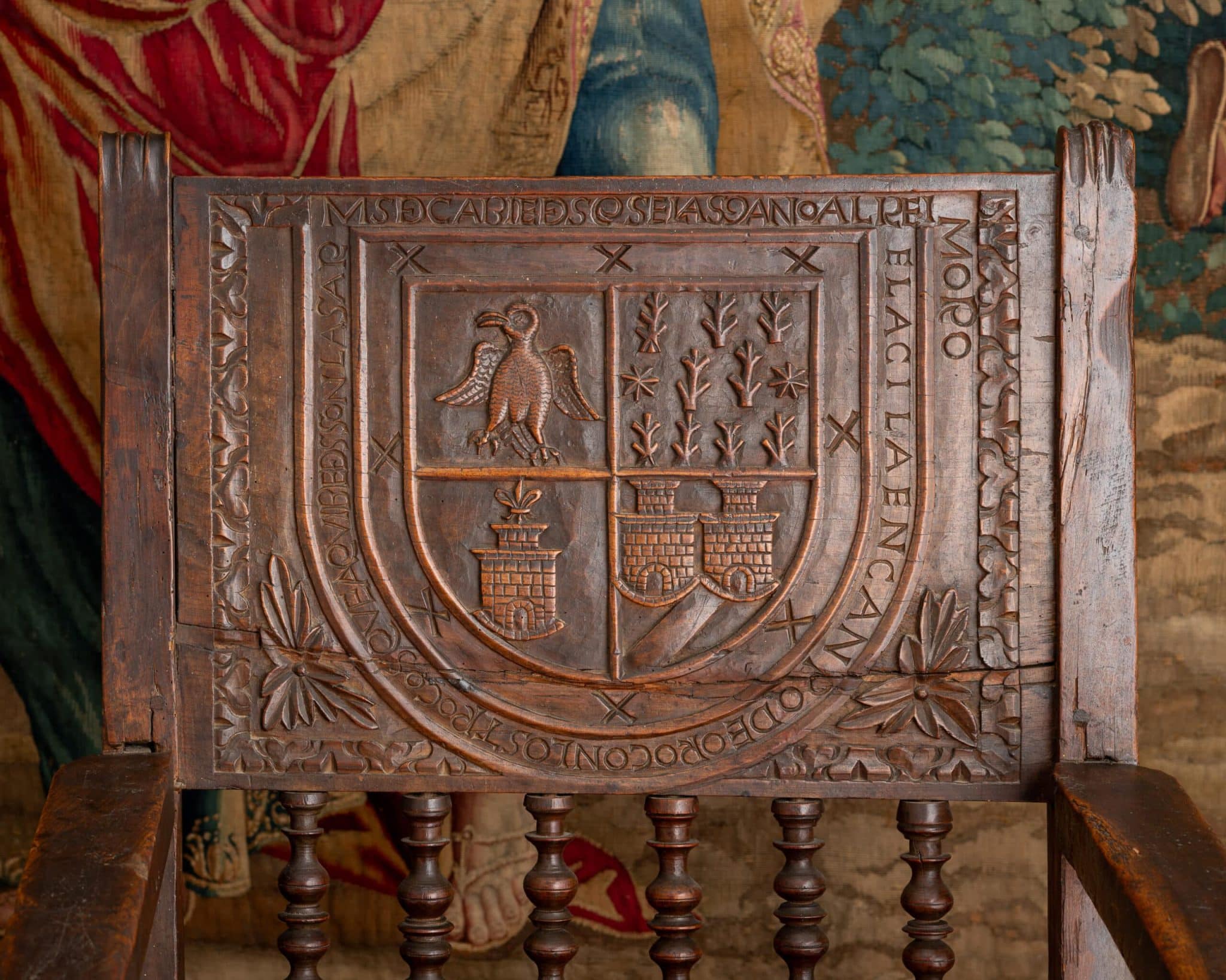 16th century Spanish walnut armorial armchair