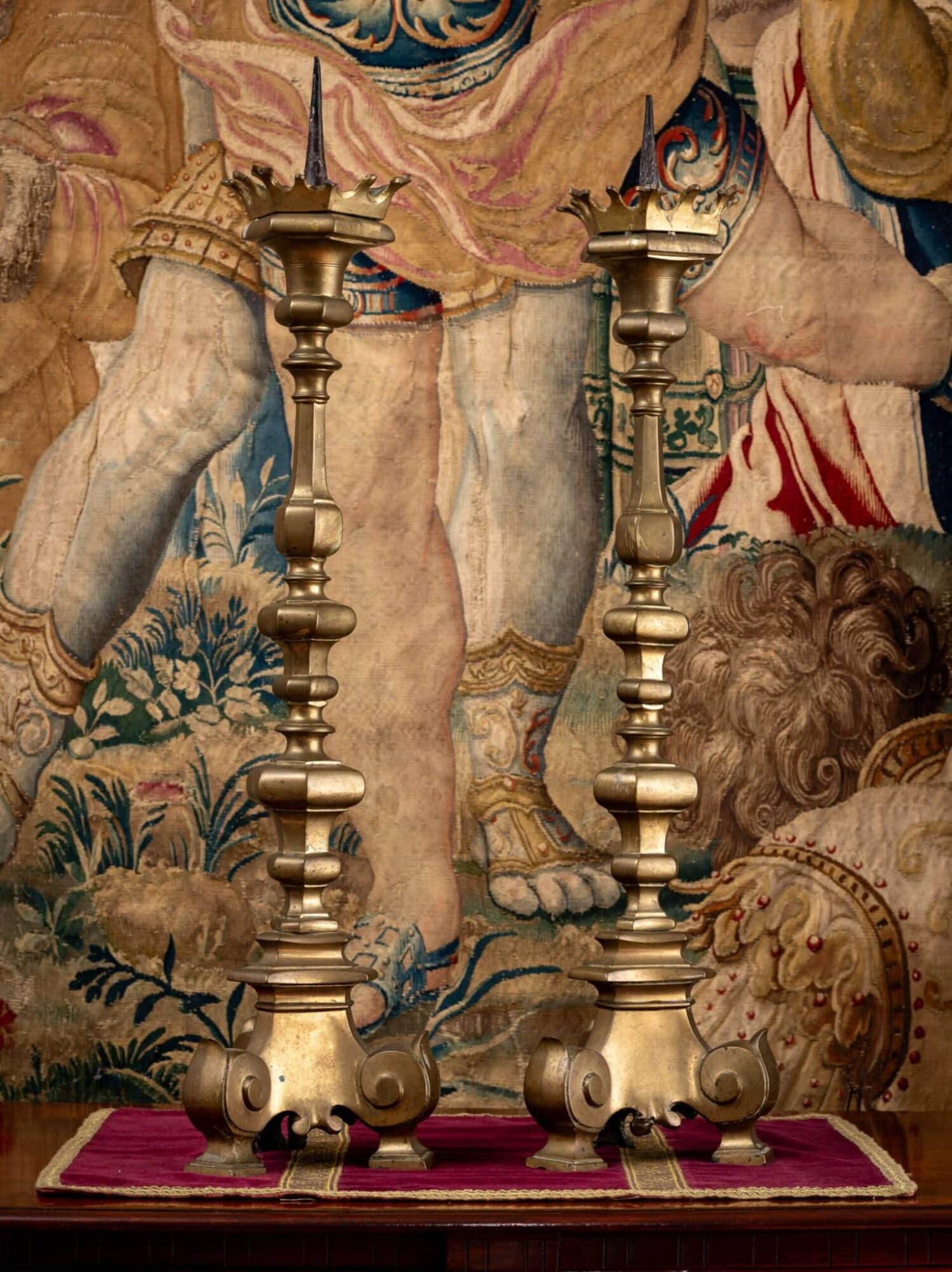 Pair of Monumental Italian Brass Pricket Candlesticks
