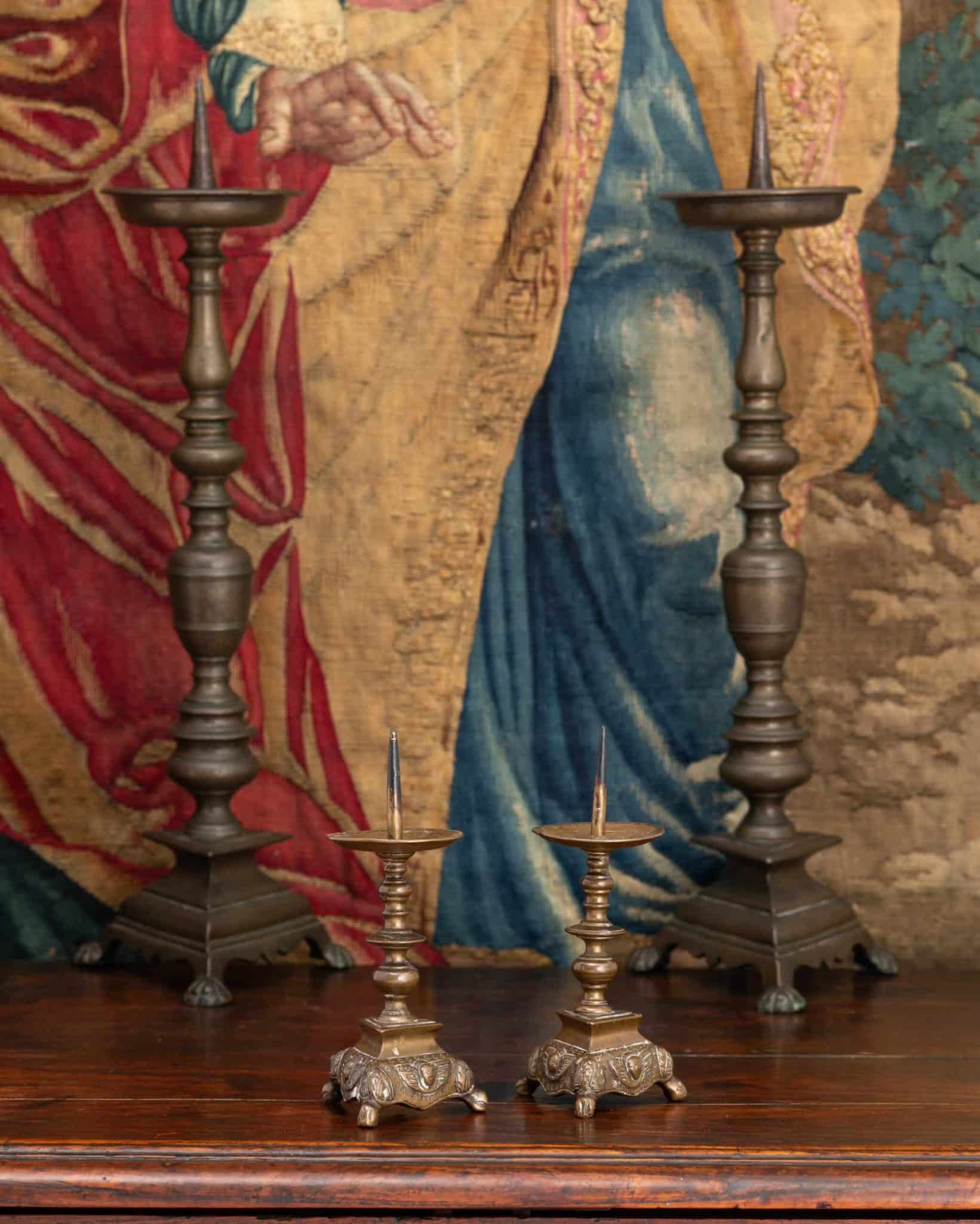 Tiny pair of brass pricket candlesticks