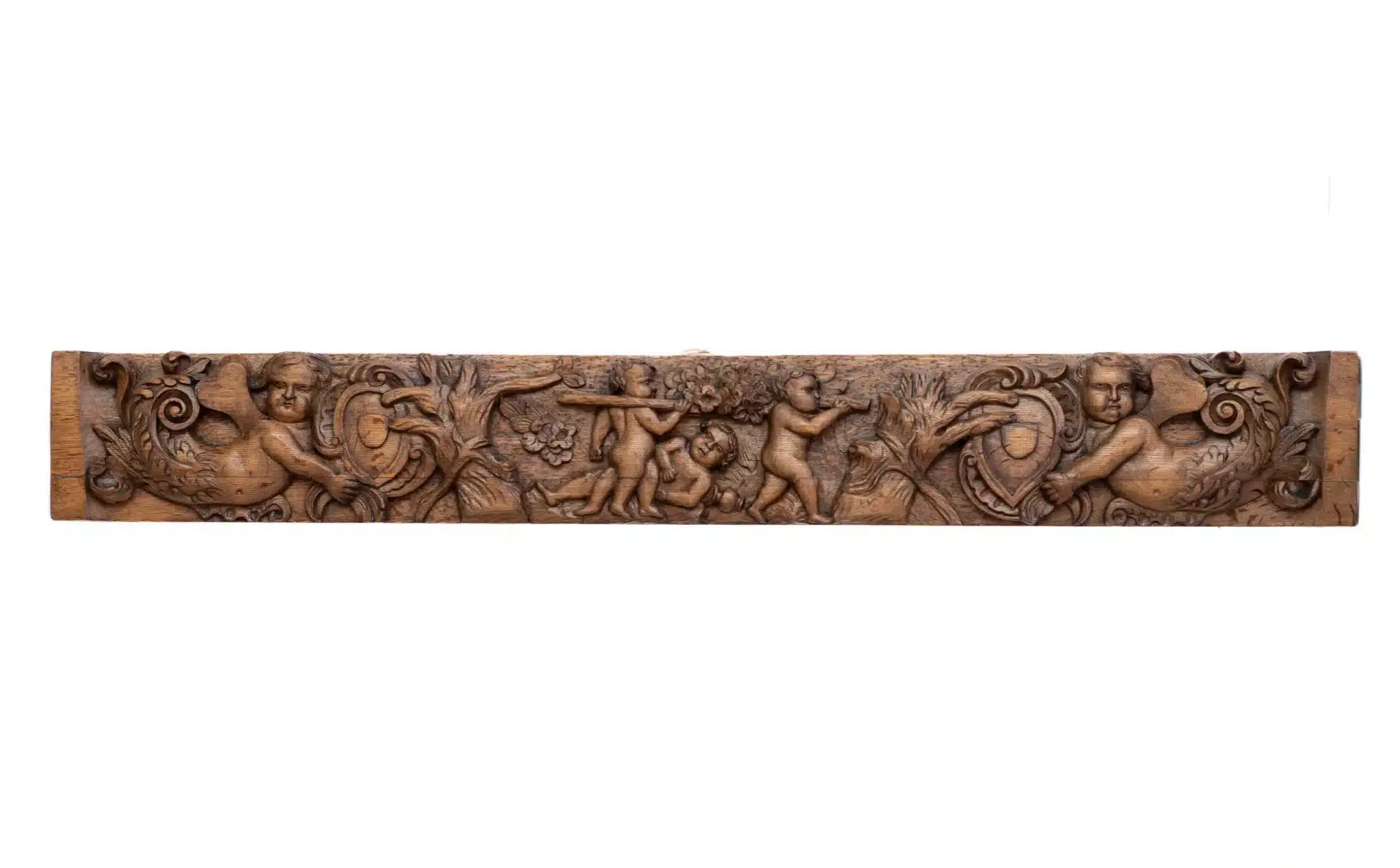 Large Dutch Carved Oak Panel with Putti and Marine Herms