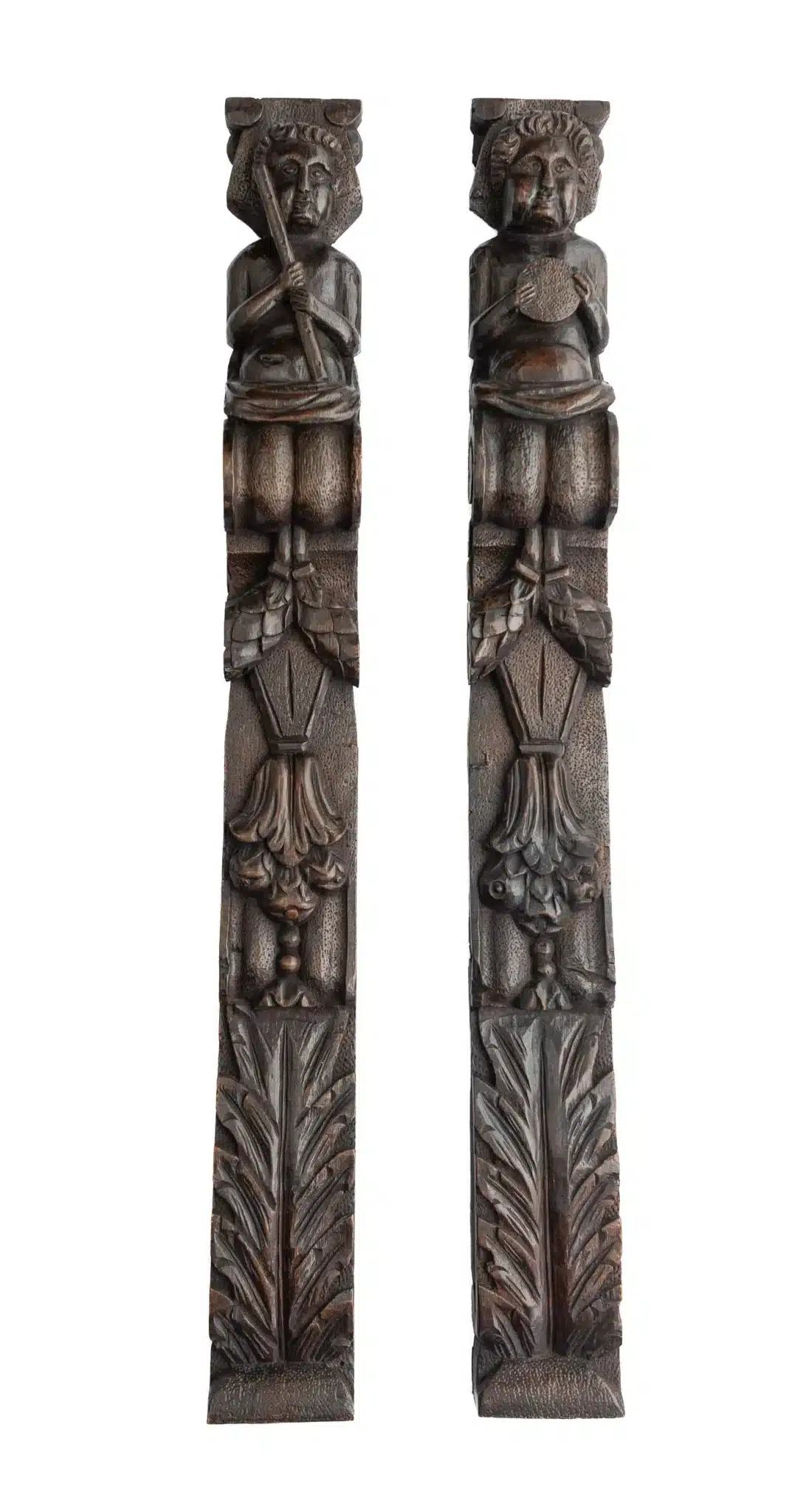 Pair of Carved Oak Columns with Musicians