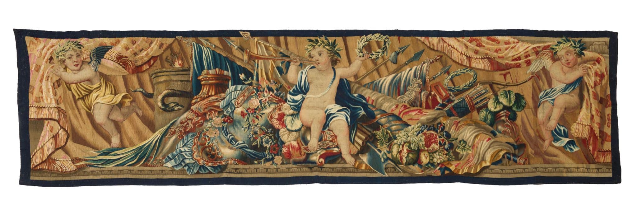 A Pair of Flemish Tapestry Borders Depicting Putti with Martial Trophies
