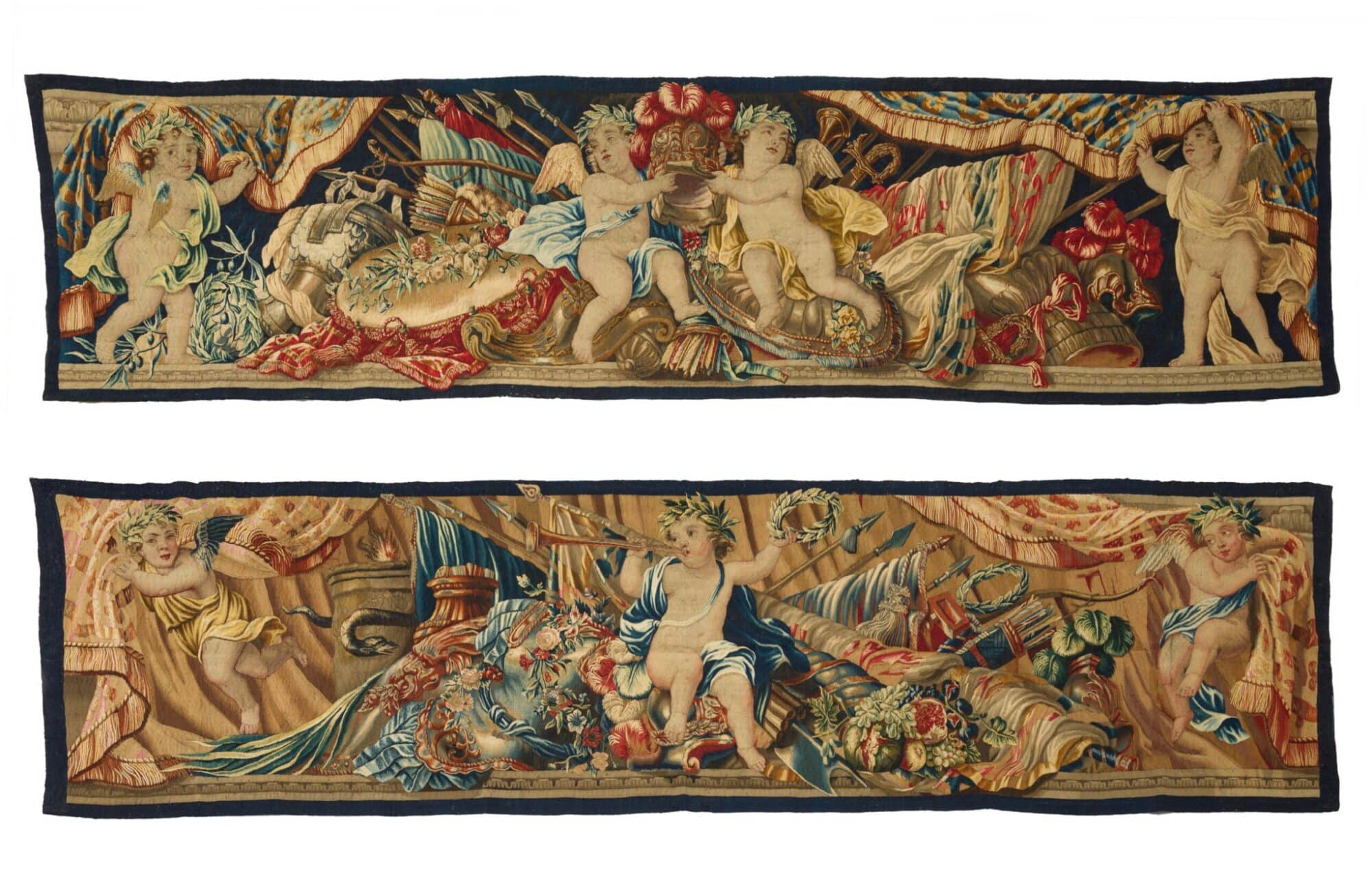 A Pair of Flemish Tapestry Borders Depicting Putti with Martial Trophies