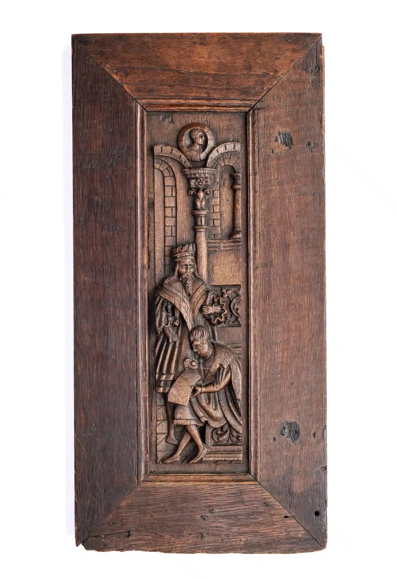 Late Gothic Oak Carved Panel Depicting a King and Scribe