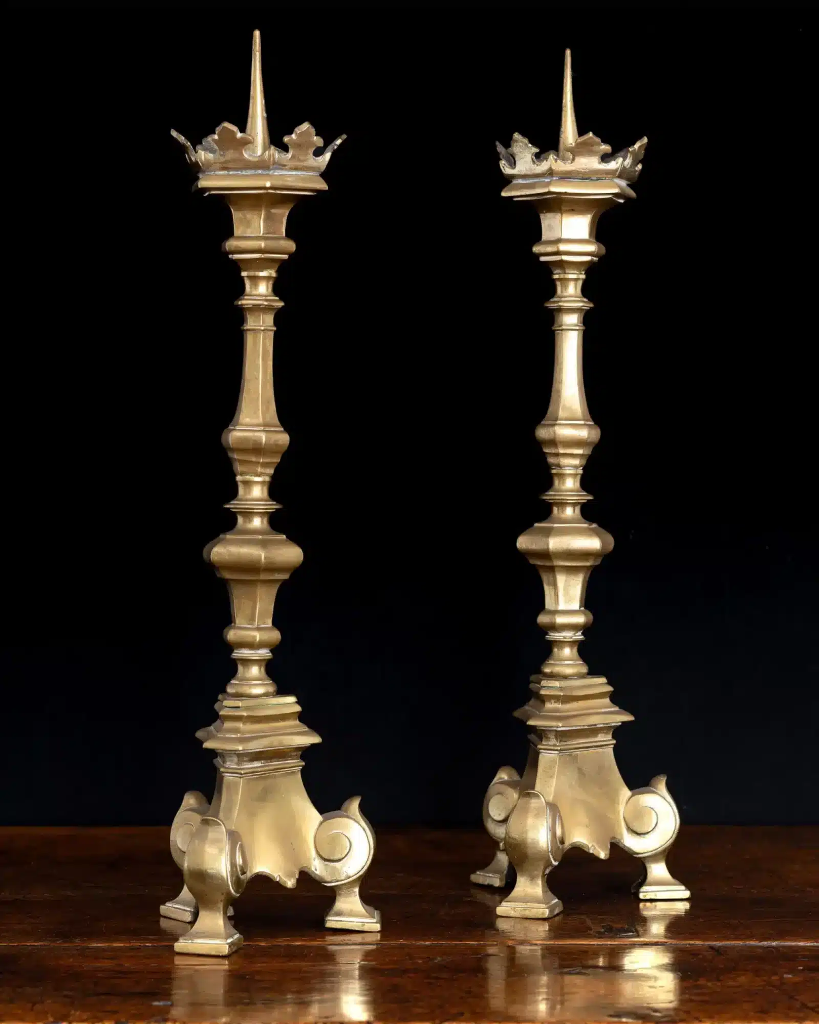 Pair of Italian Baroque Brass Pricket Candlesticks