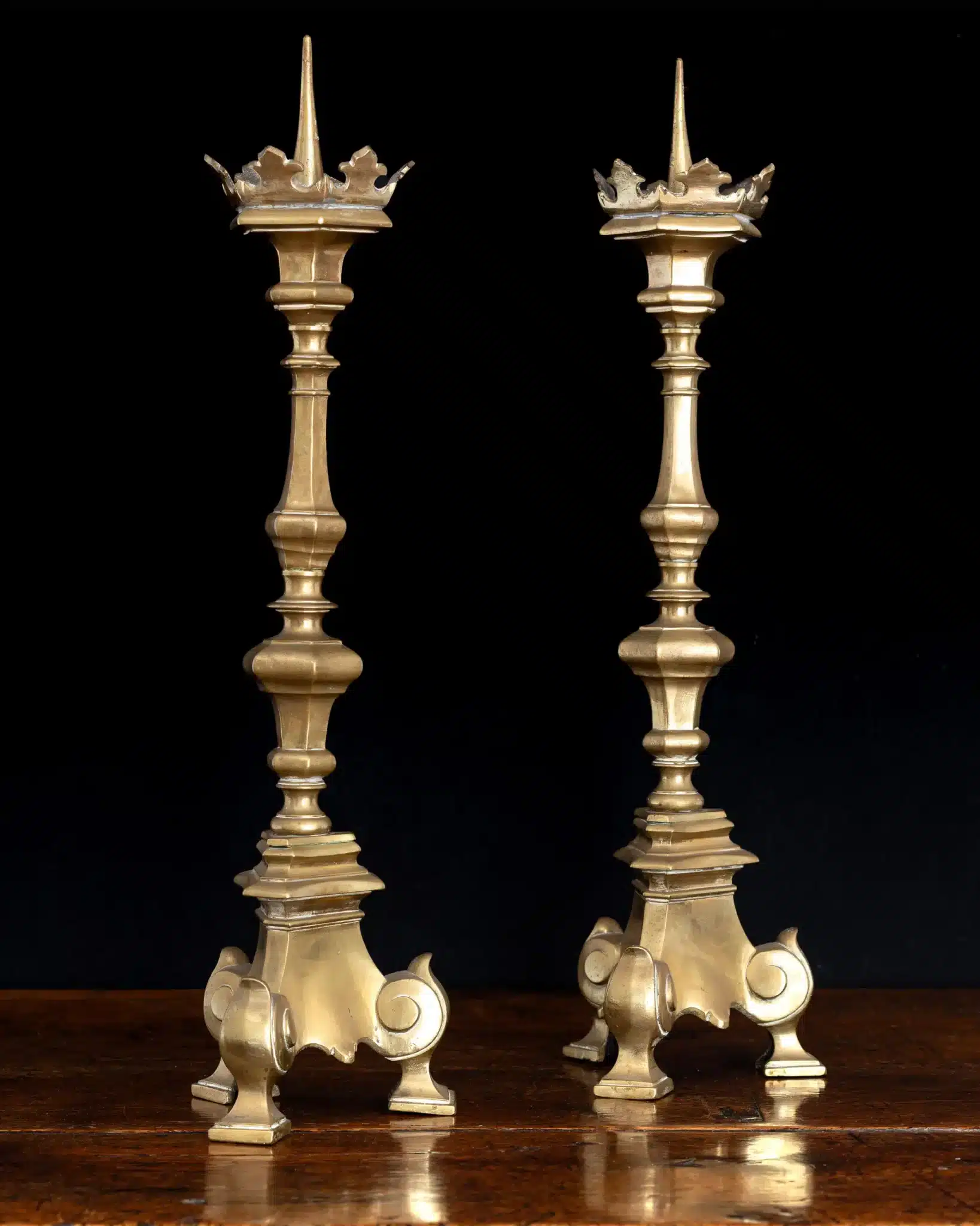 Pair of Italian Baroque Brass Pricket Candlesticks