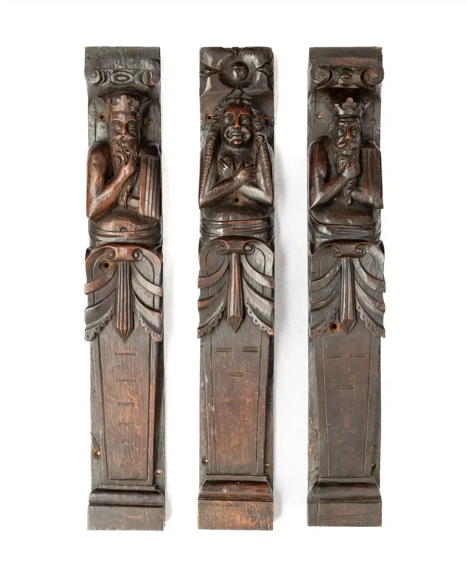Rare Set of Three James I Carved Oak Figures – Atlantes and Caryatid