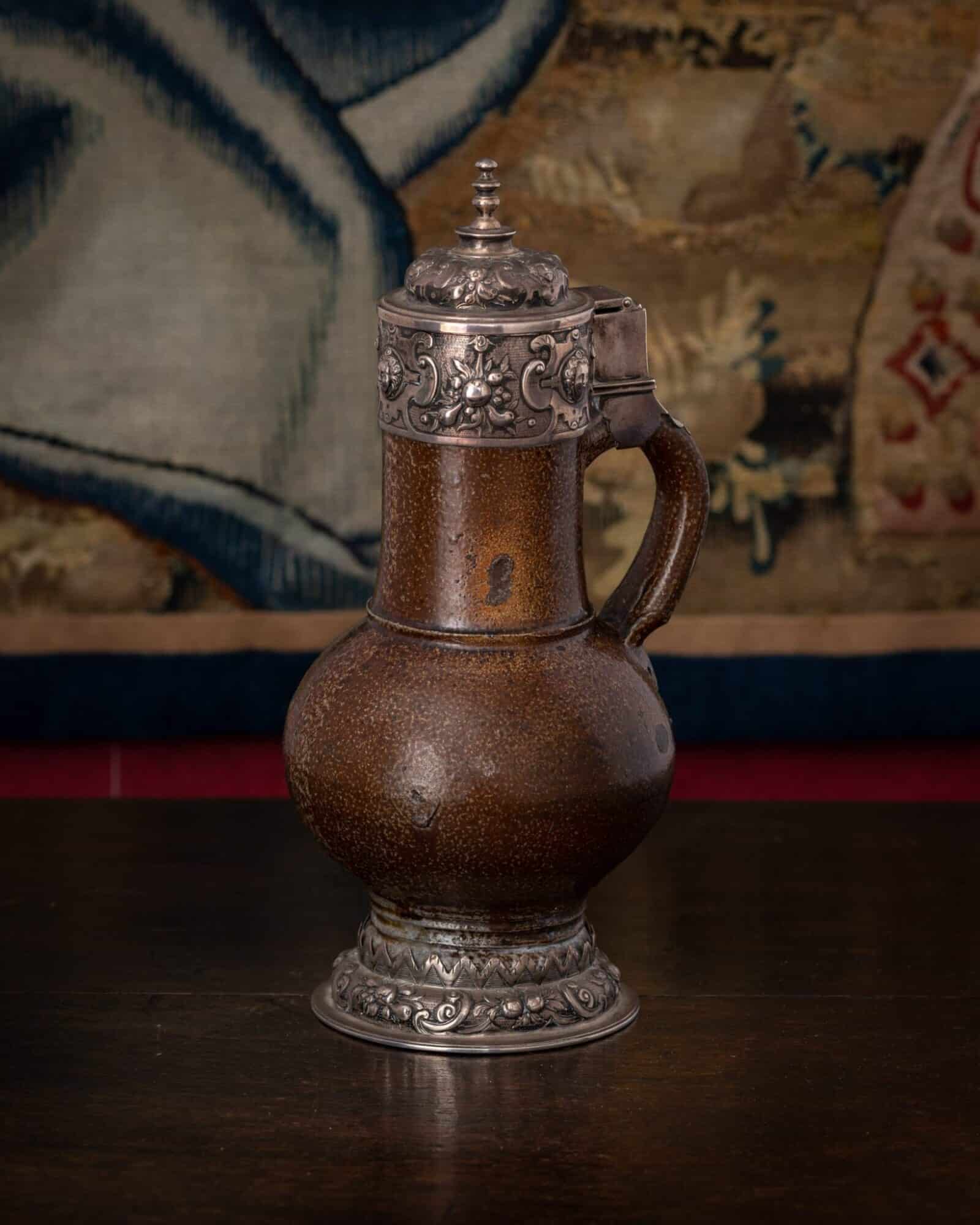 Mounted German Stoneware Baluster Jug with Silver Mounts