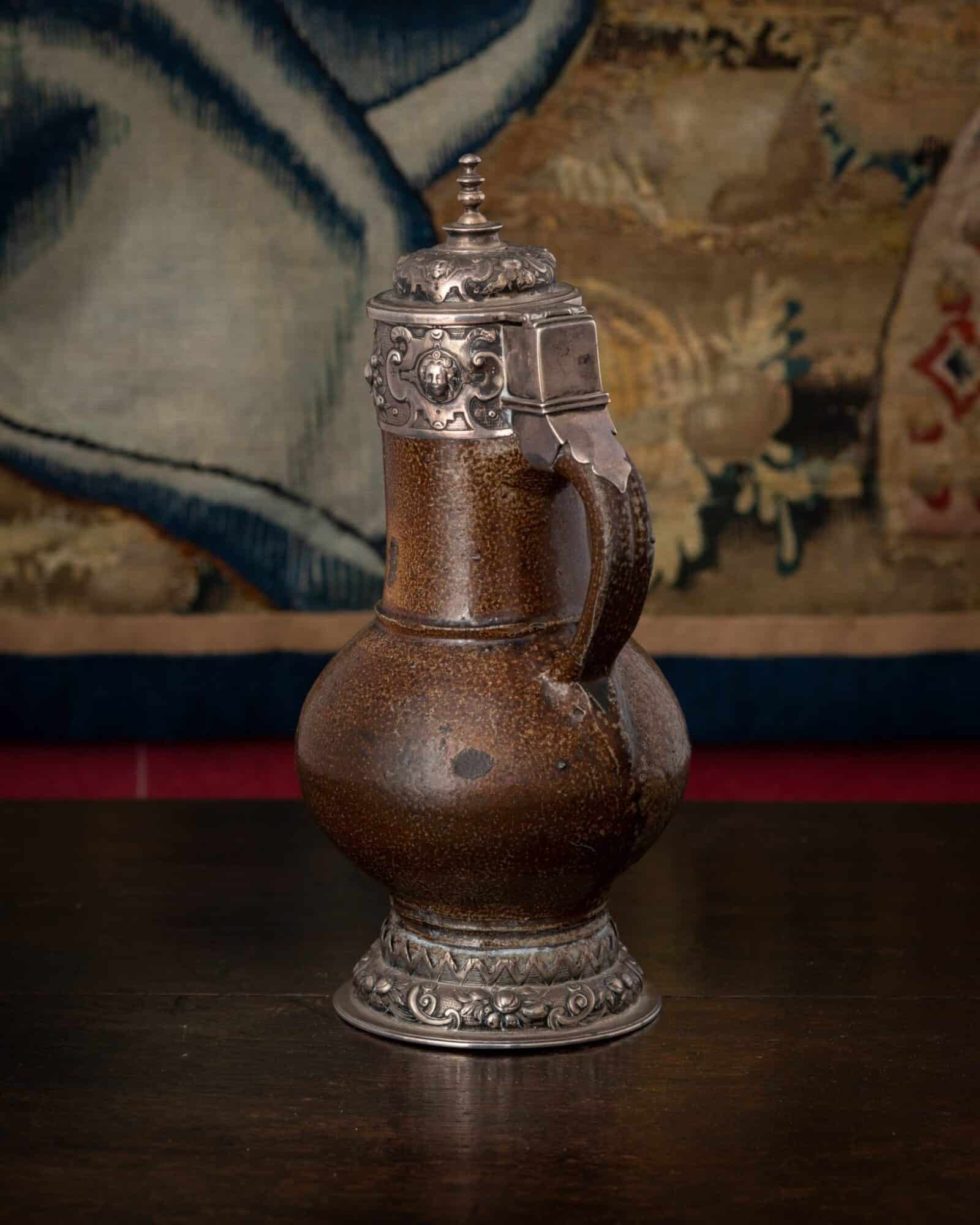 Mounted German Stoneware Baluster Jug with Silver Mounts