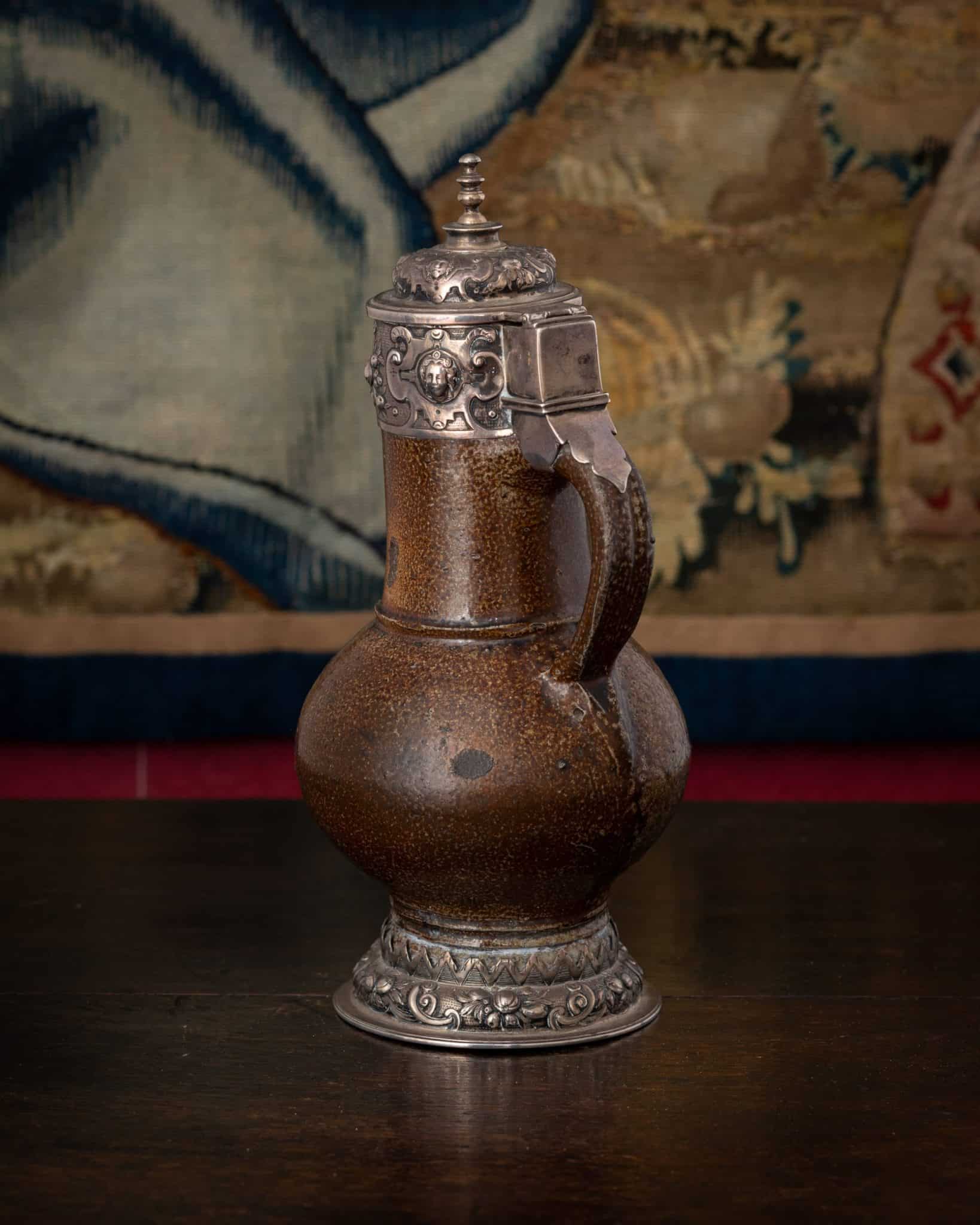 Mounted German Stoneware Baluster Jug with Silver Mounts