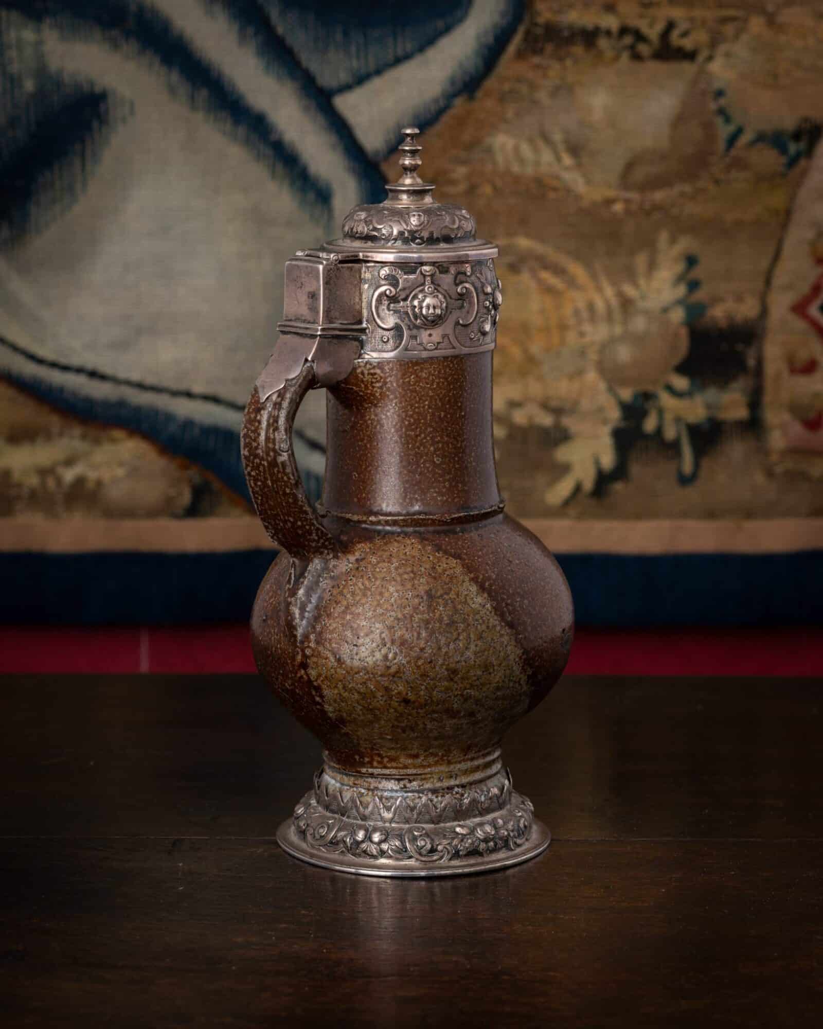 Mounted German Stoneware Baluster Jug with Silver Mounts