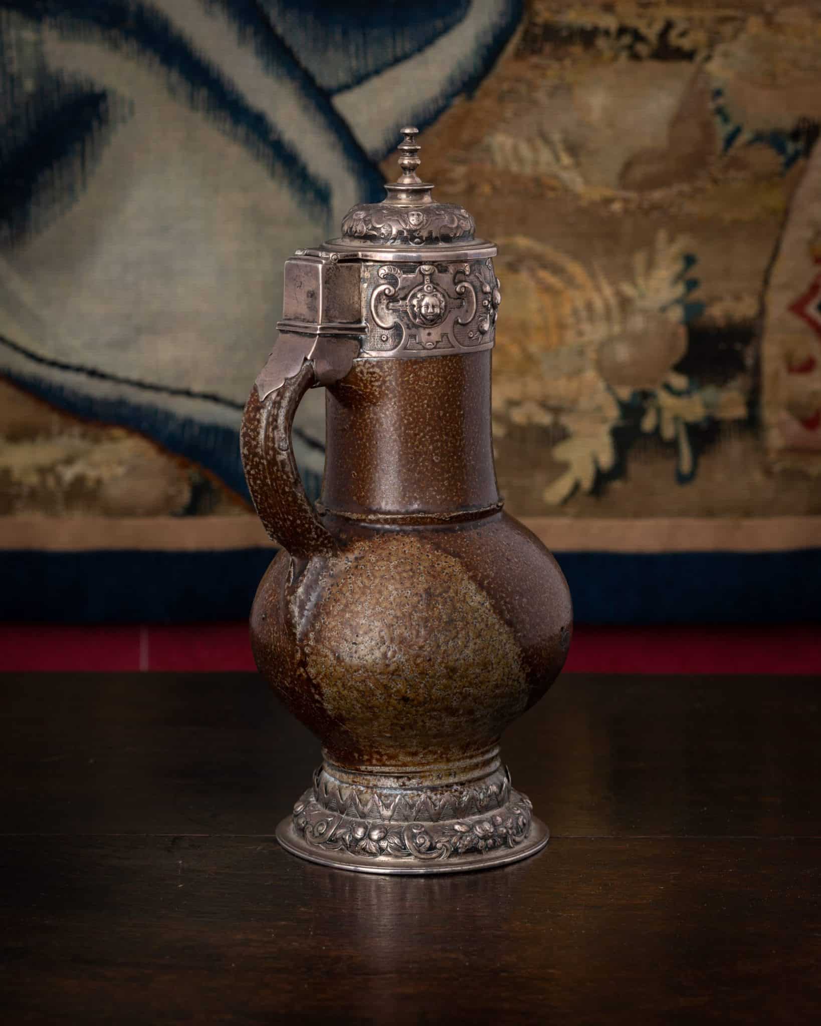Mounted German Stoneware Baluster Jug with Silver Mounts