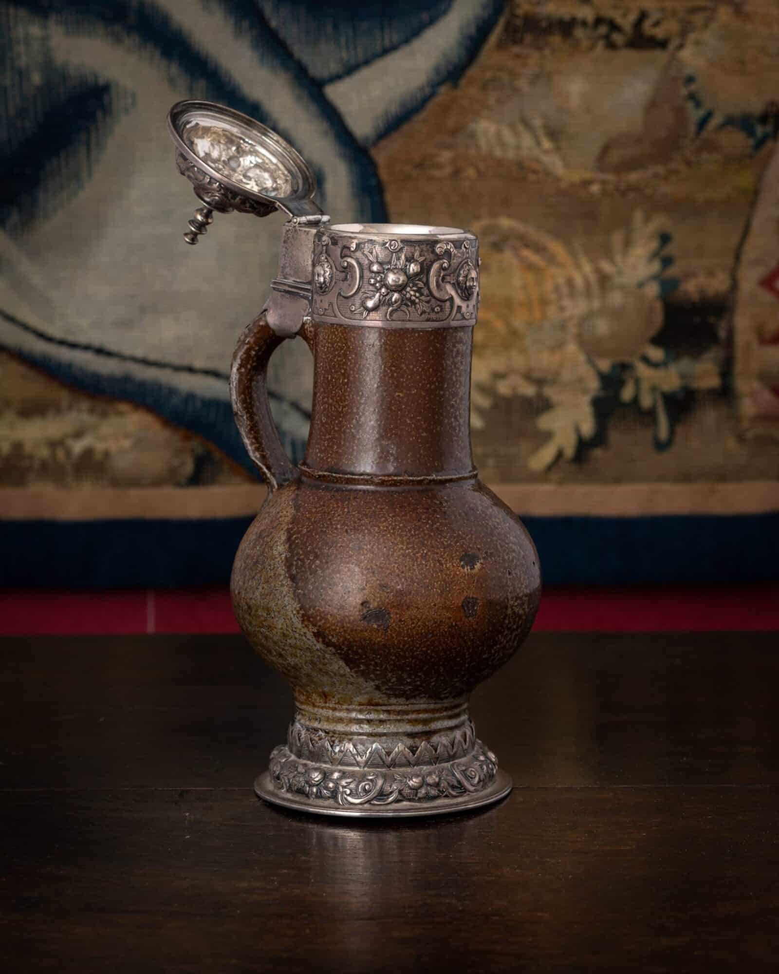 Mounted German Stoneware Baluster Jug with Silver Mounts