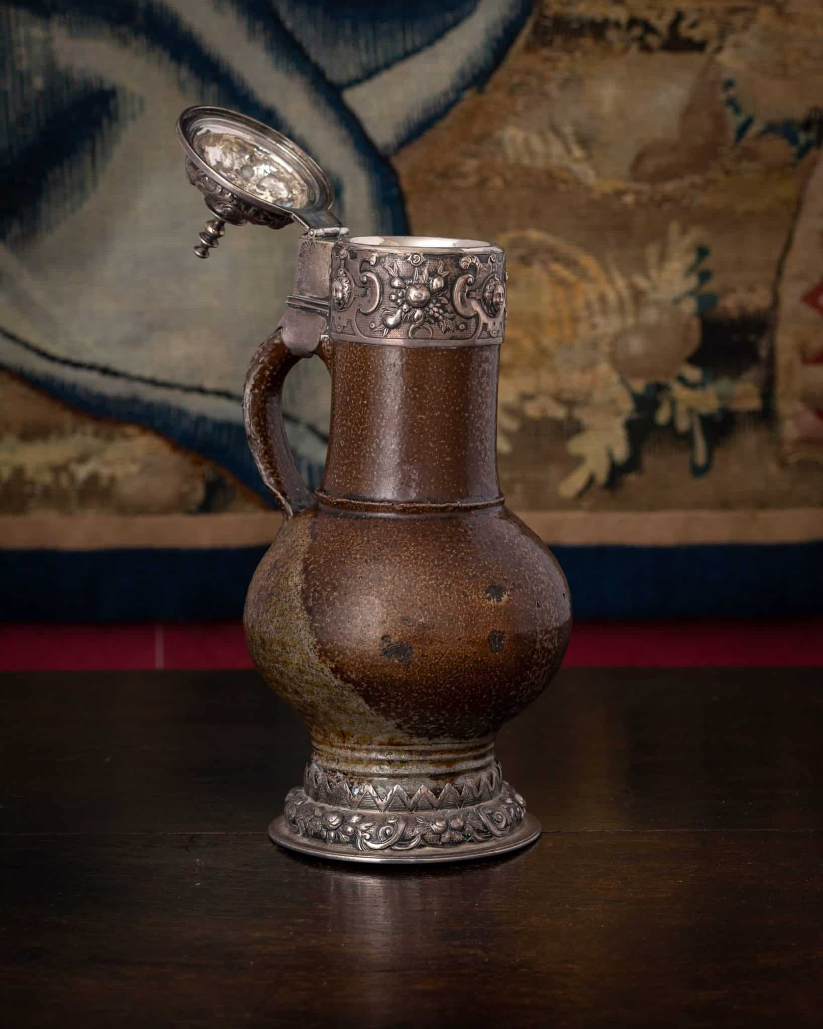 Mounted German Stoneware Baluster Jug with Silver Mounts