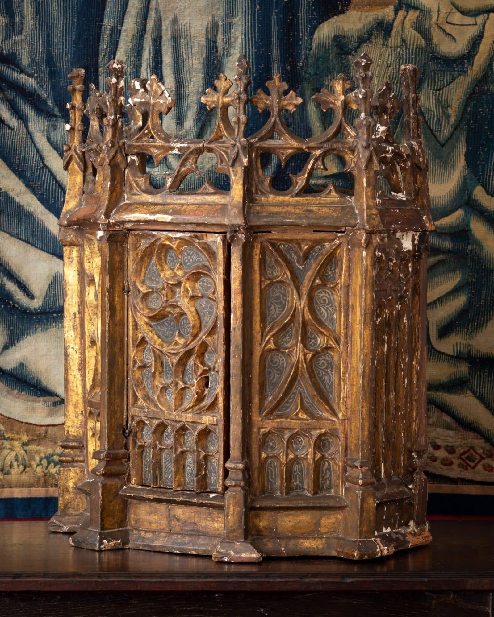 Gothic Giltwood Tabernacle With Original Gilding and Blue Painted Decoration